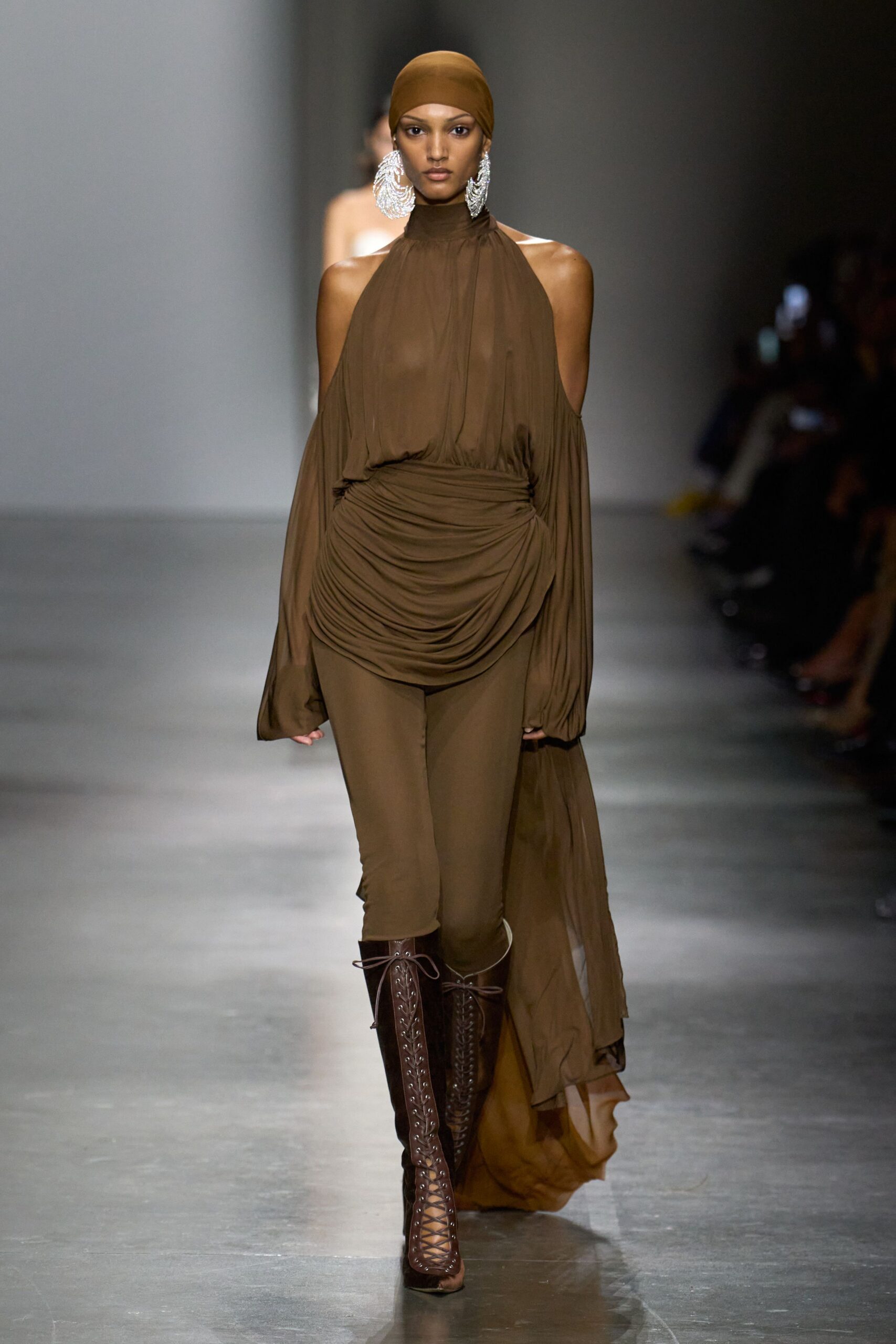 brown silk jumpsuit with boots