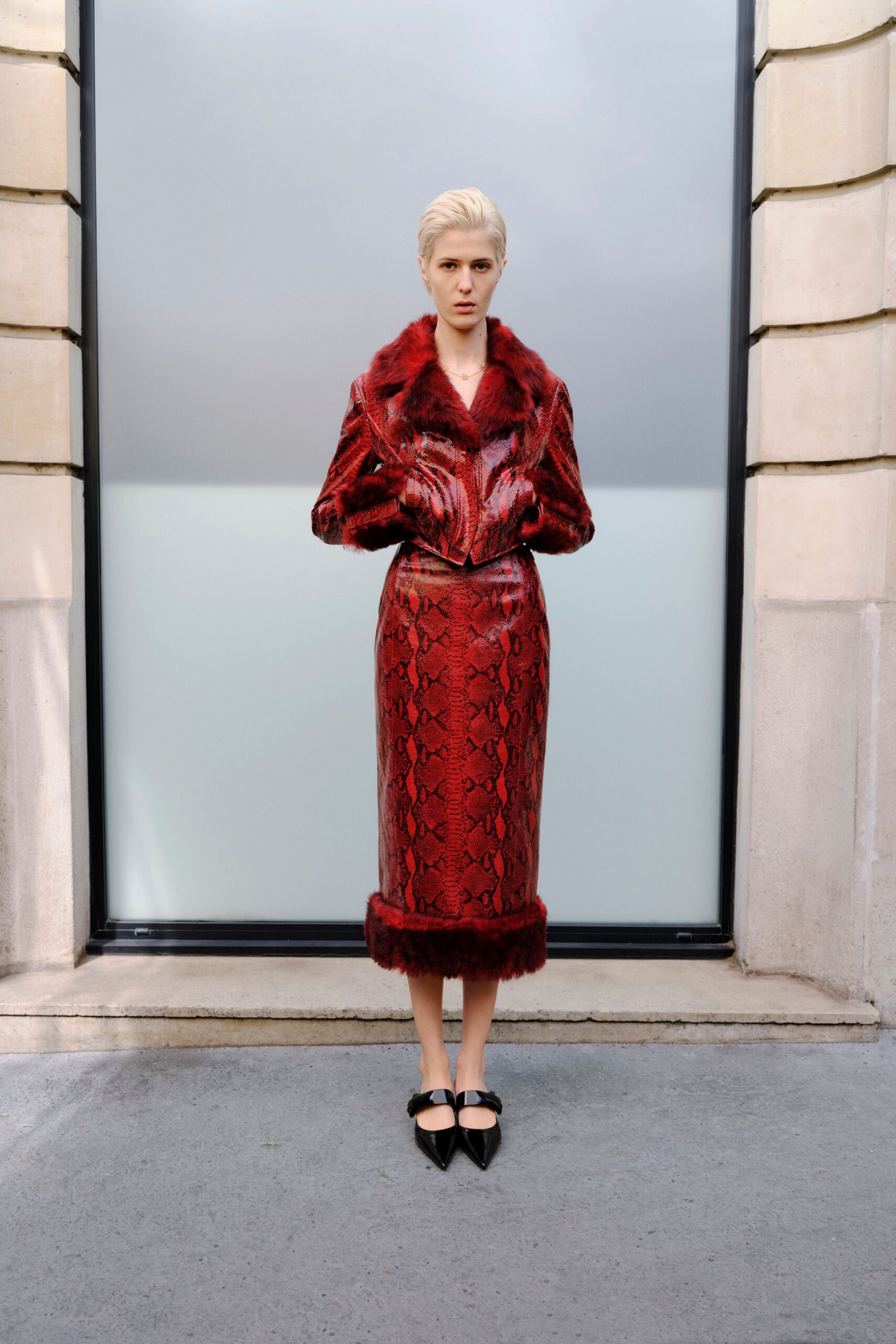 red leather long-sleeve collared fitted animal-print belted coat