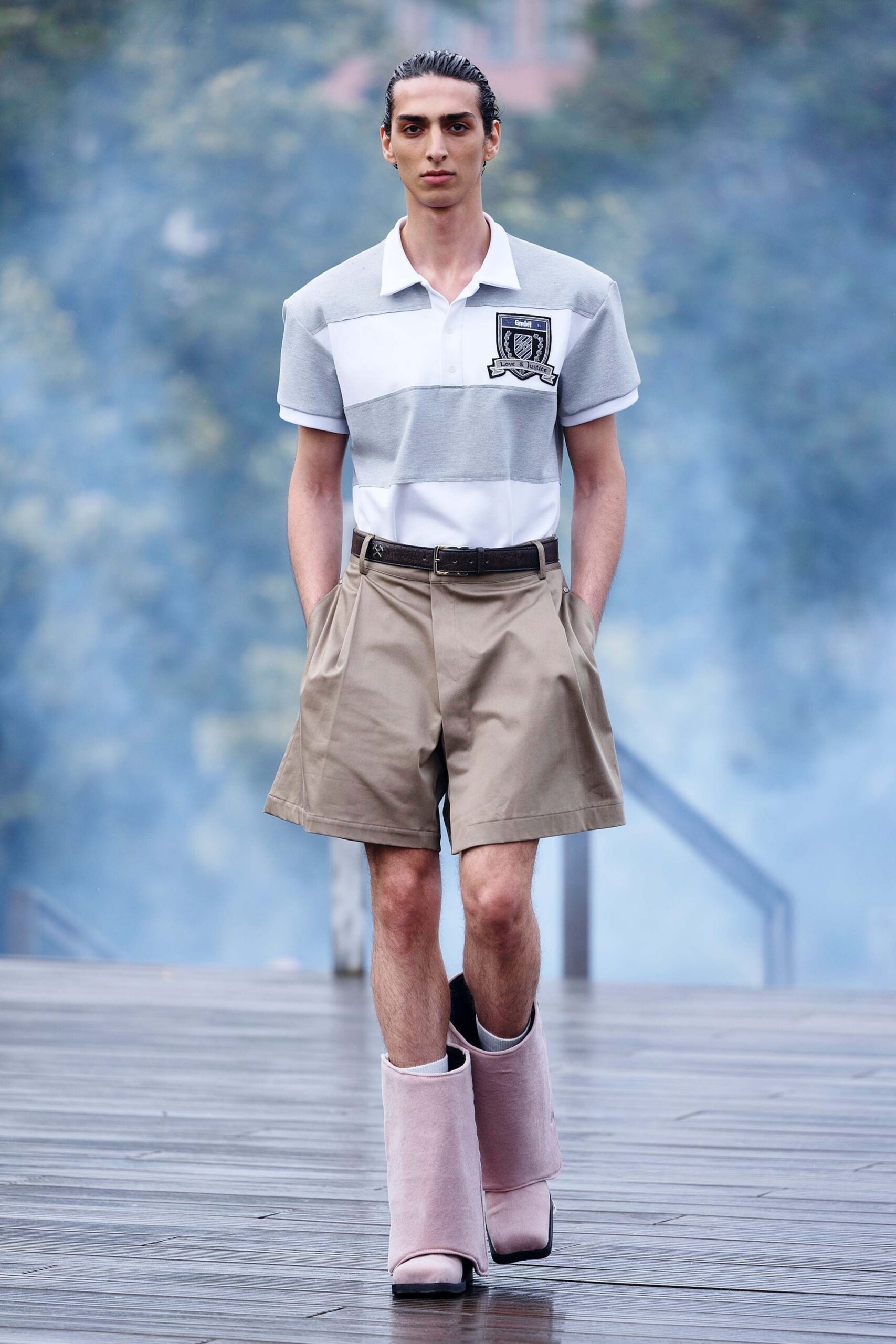 fitted striped shirt and beige shorts