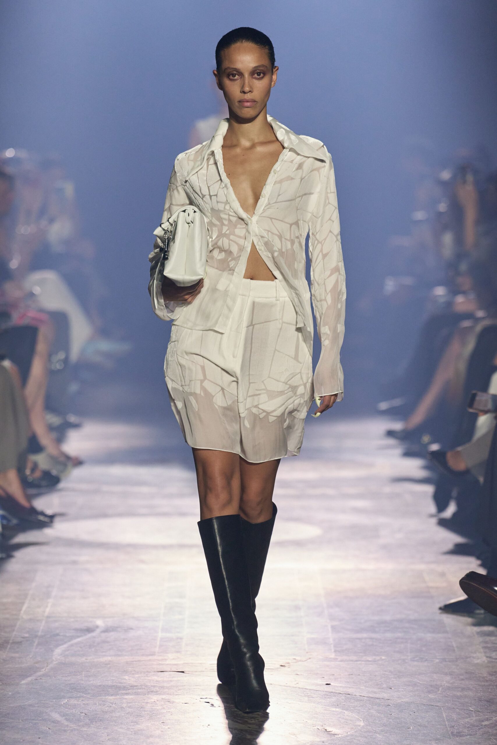 white silk long-sleeve v-neck fitted printed sheer shirt-dress