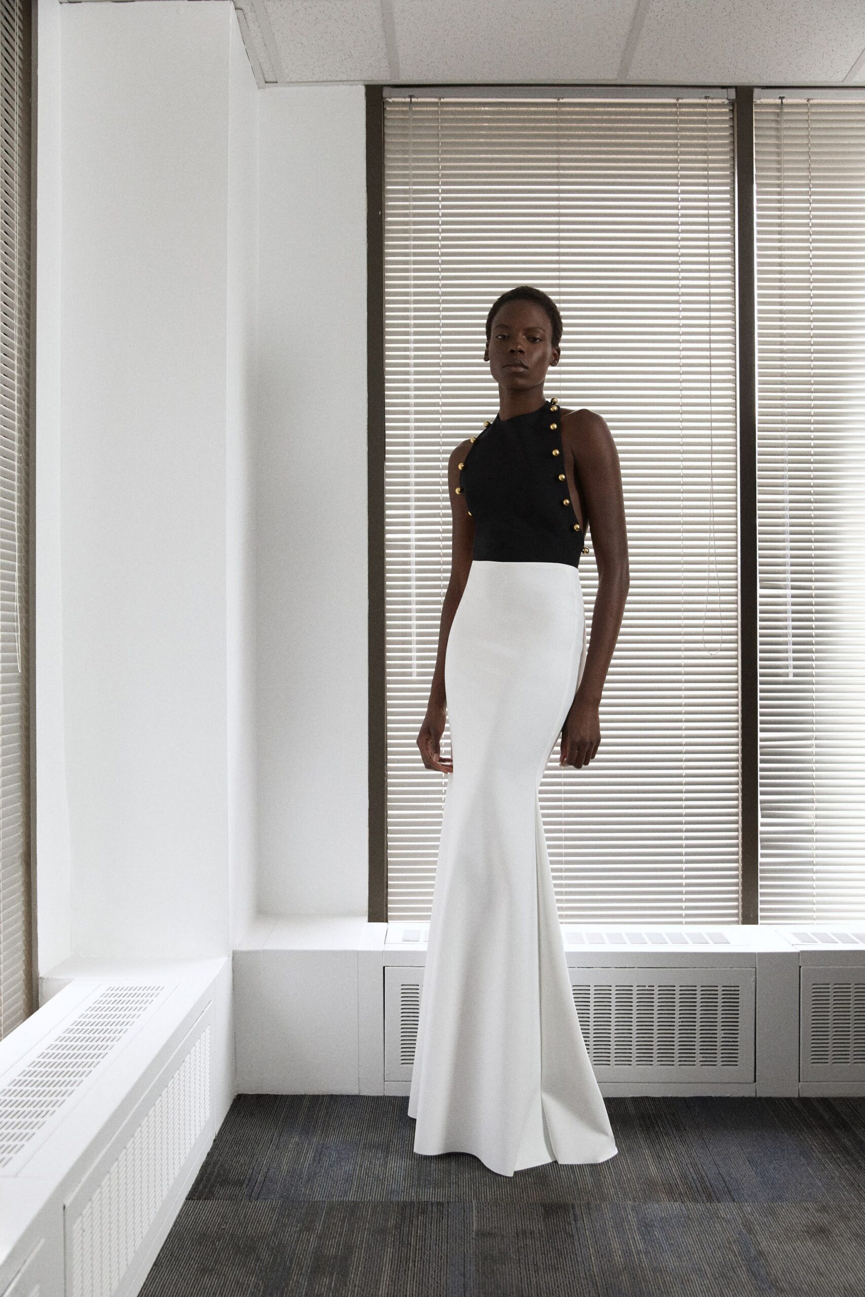 black and white fitted gown
