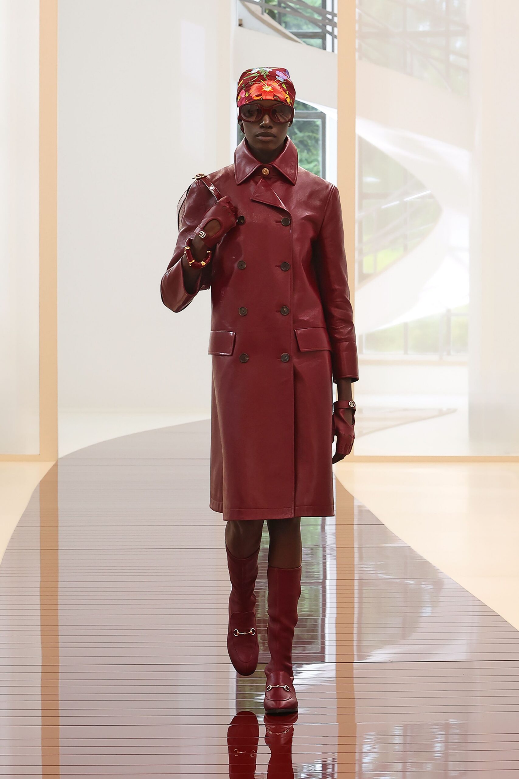 red leather long-sleeve collared fitted buttoned midi coat