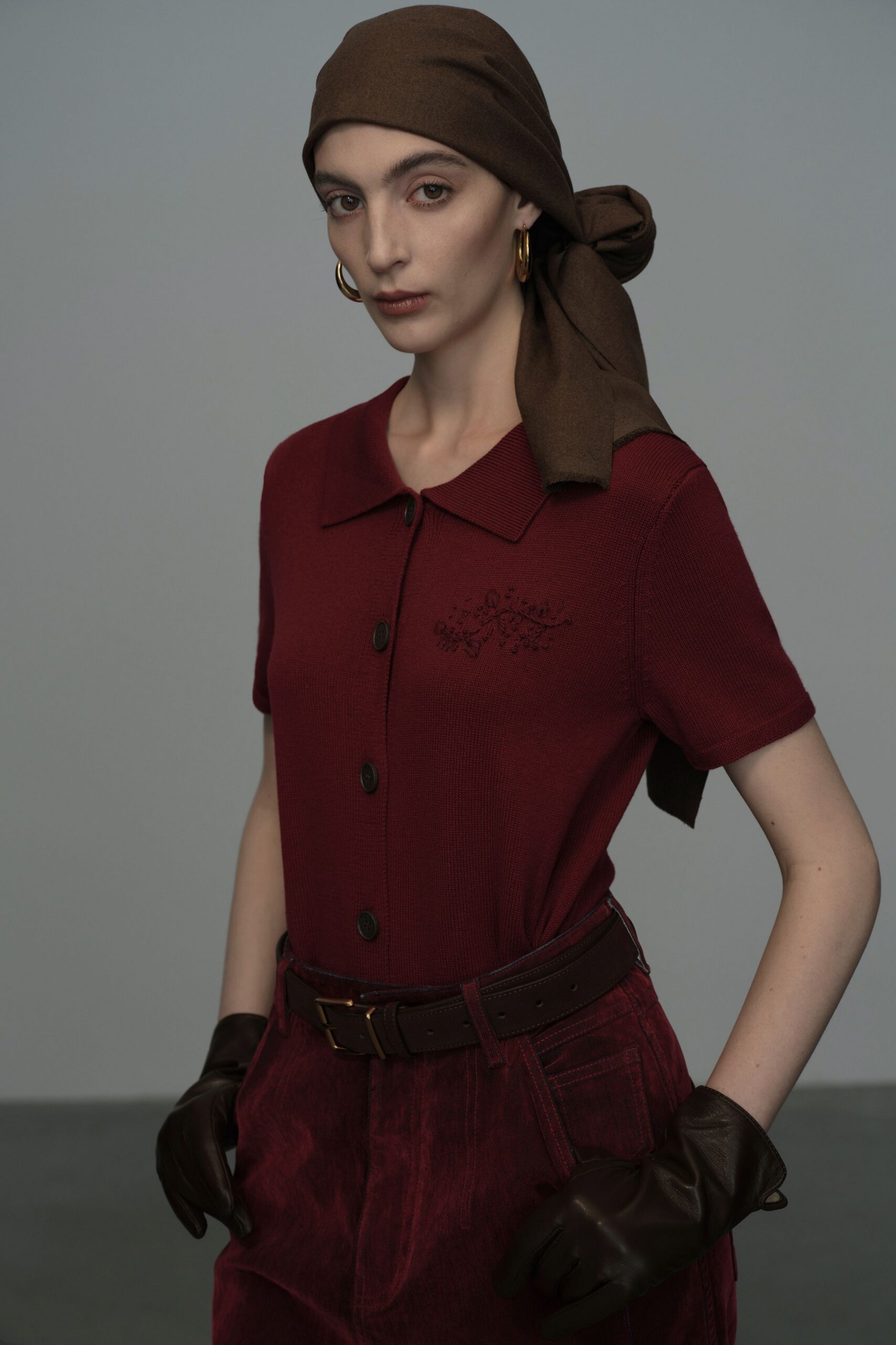 red cotton short-sleeve collared fitted buttoned top