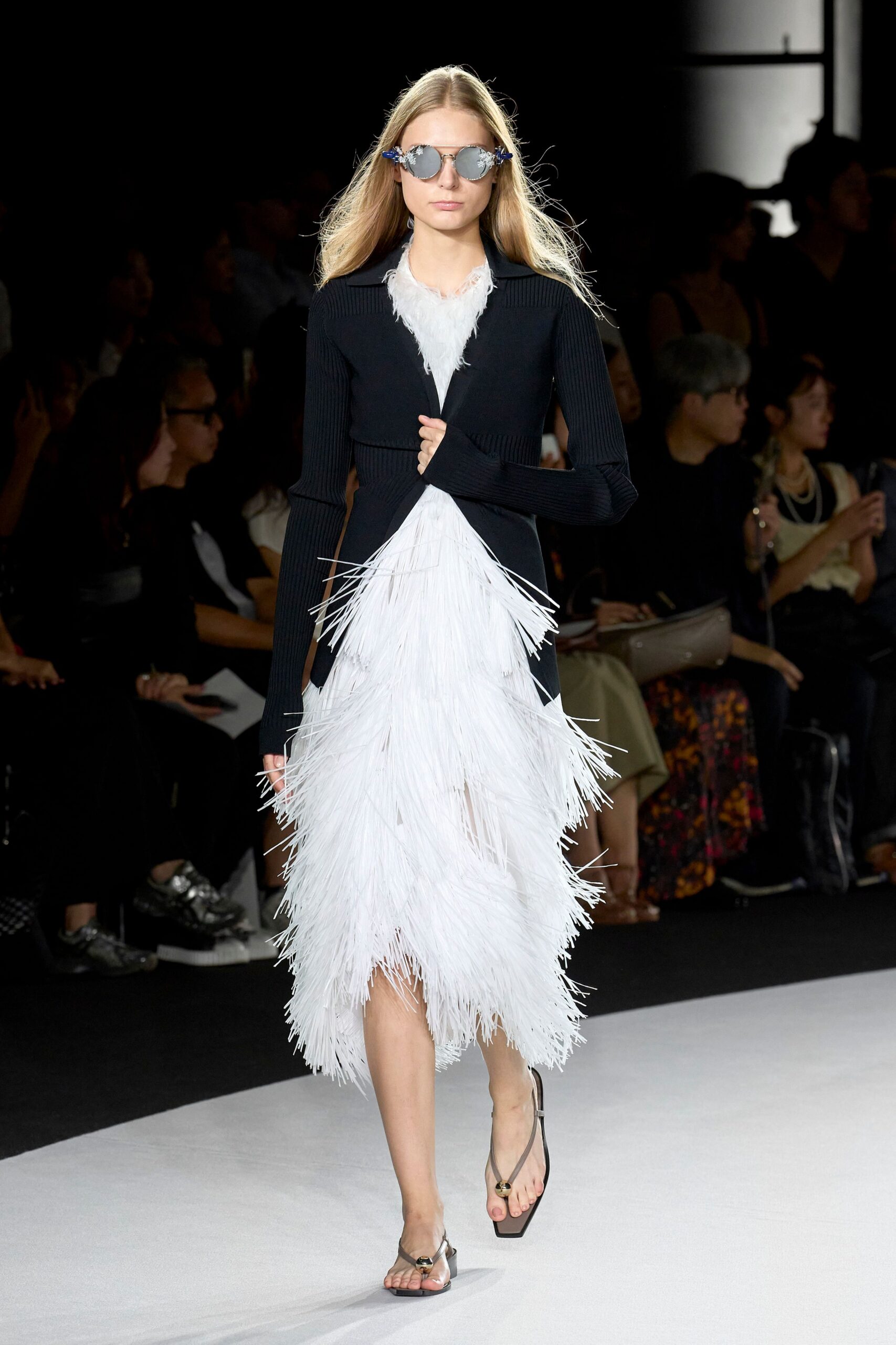 white fringed midi dress with black jacket