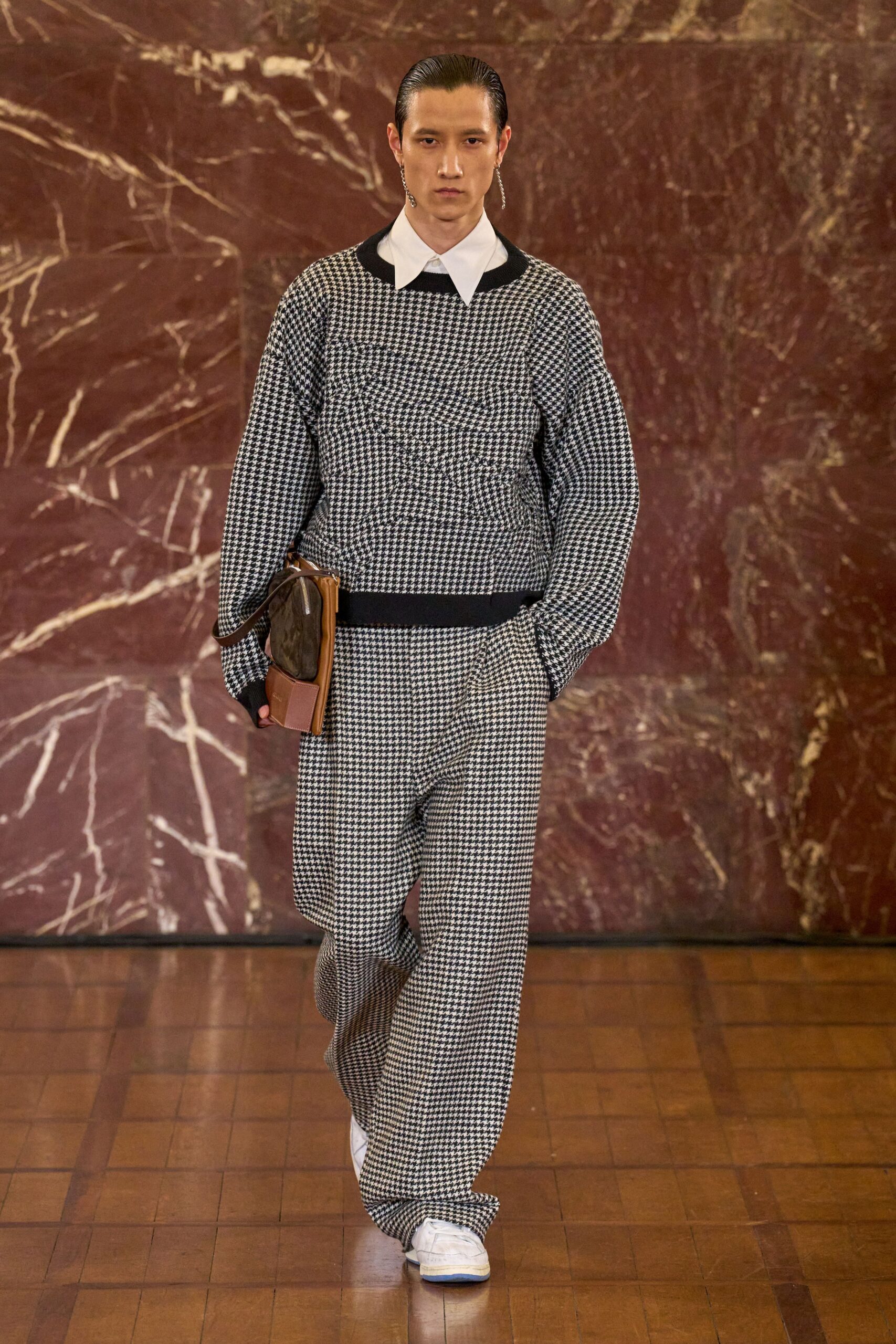 checked sweater and pants outfit