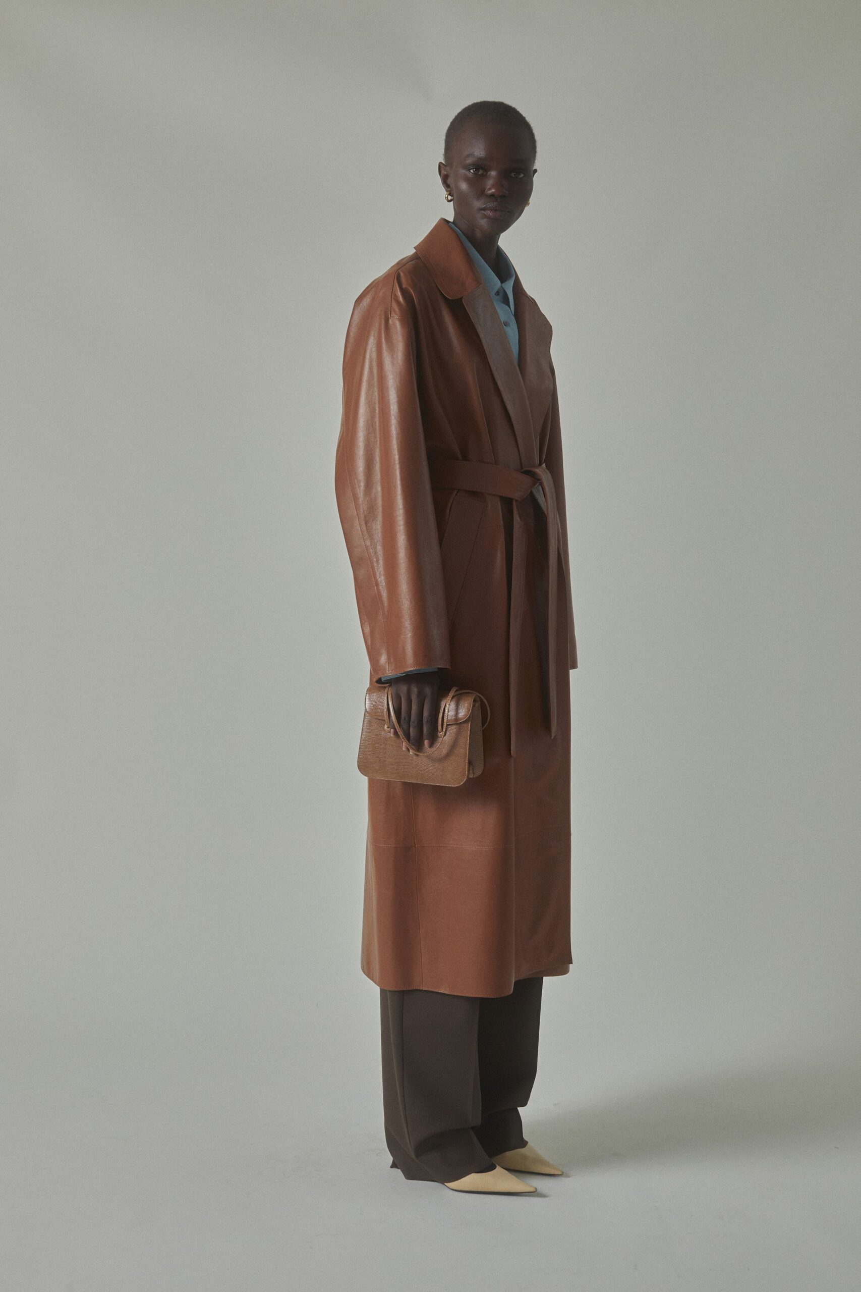 brown leather long-sleeve collared relaxed belted coat