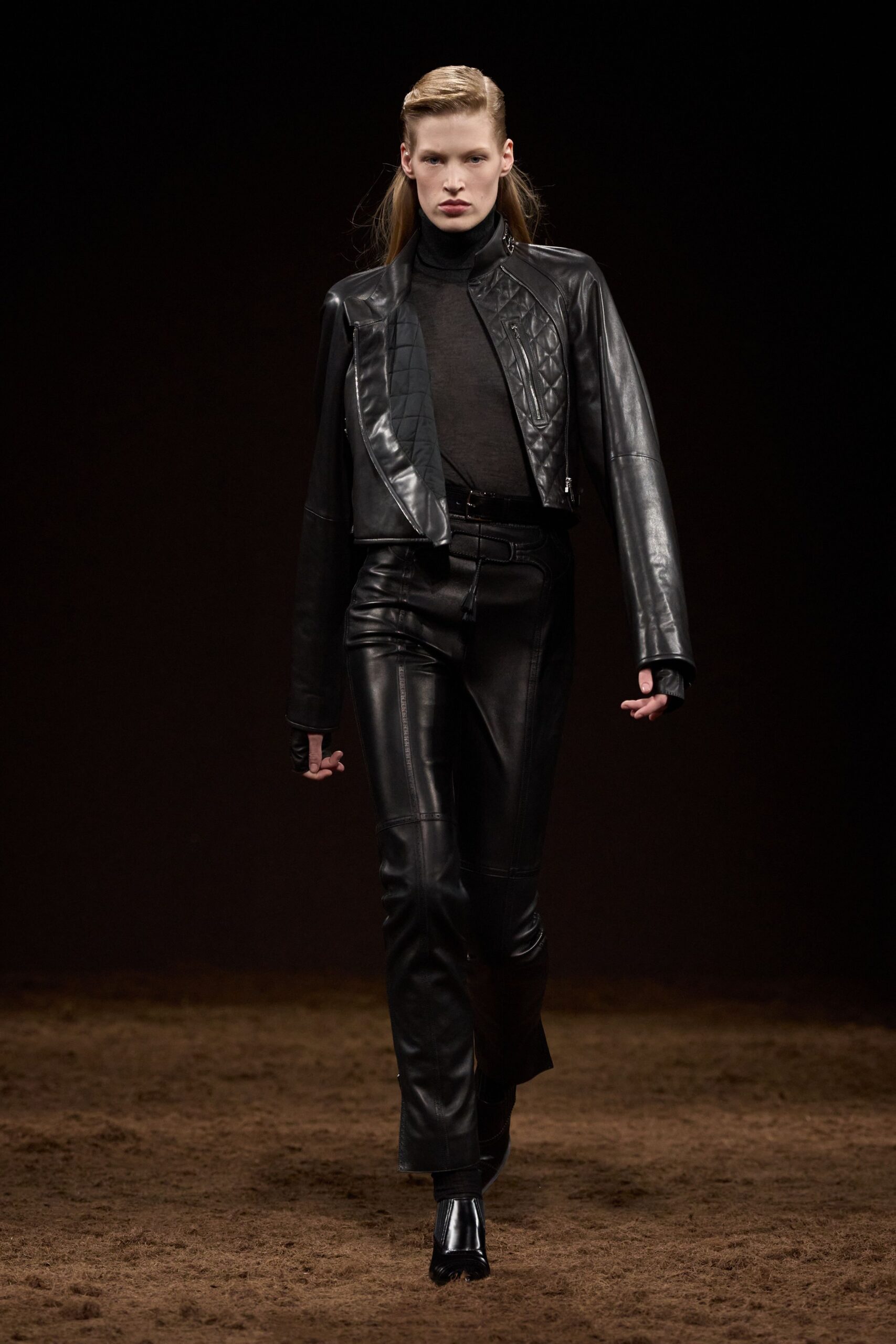 black leather fitted jacket and pants