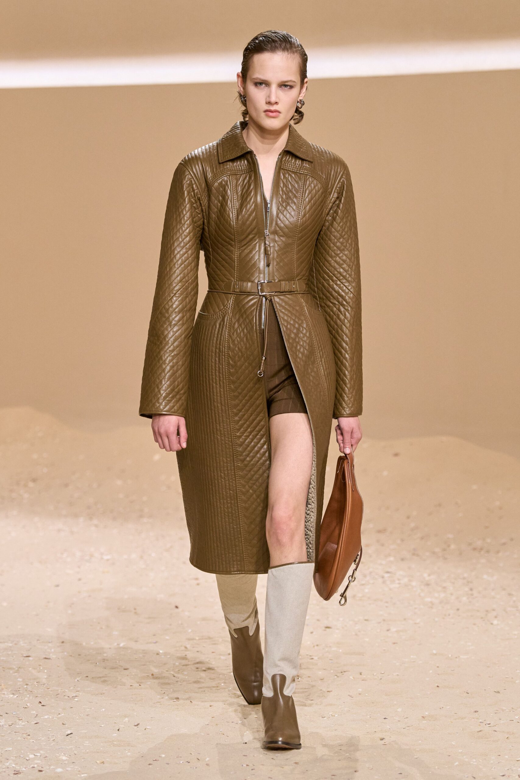 brown leather long-sleeve collared fitted zippered quilted coat