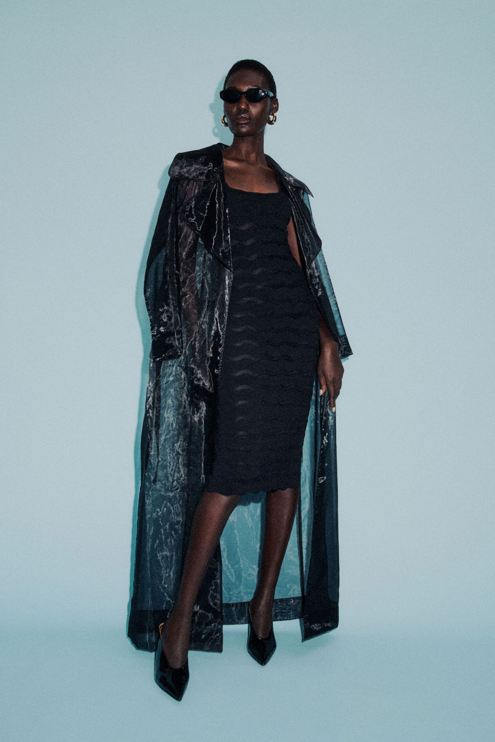 black silk long-sleeve collared relaxed draped coat