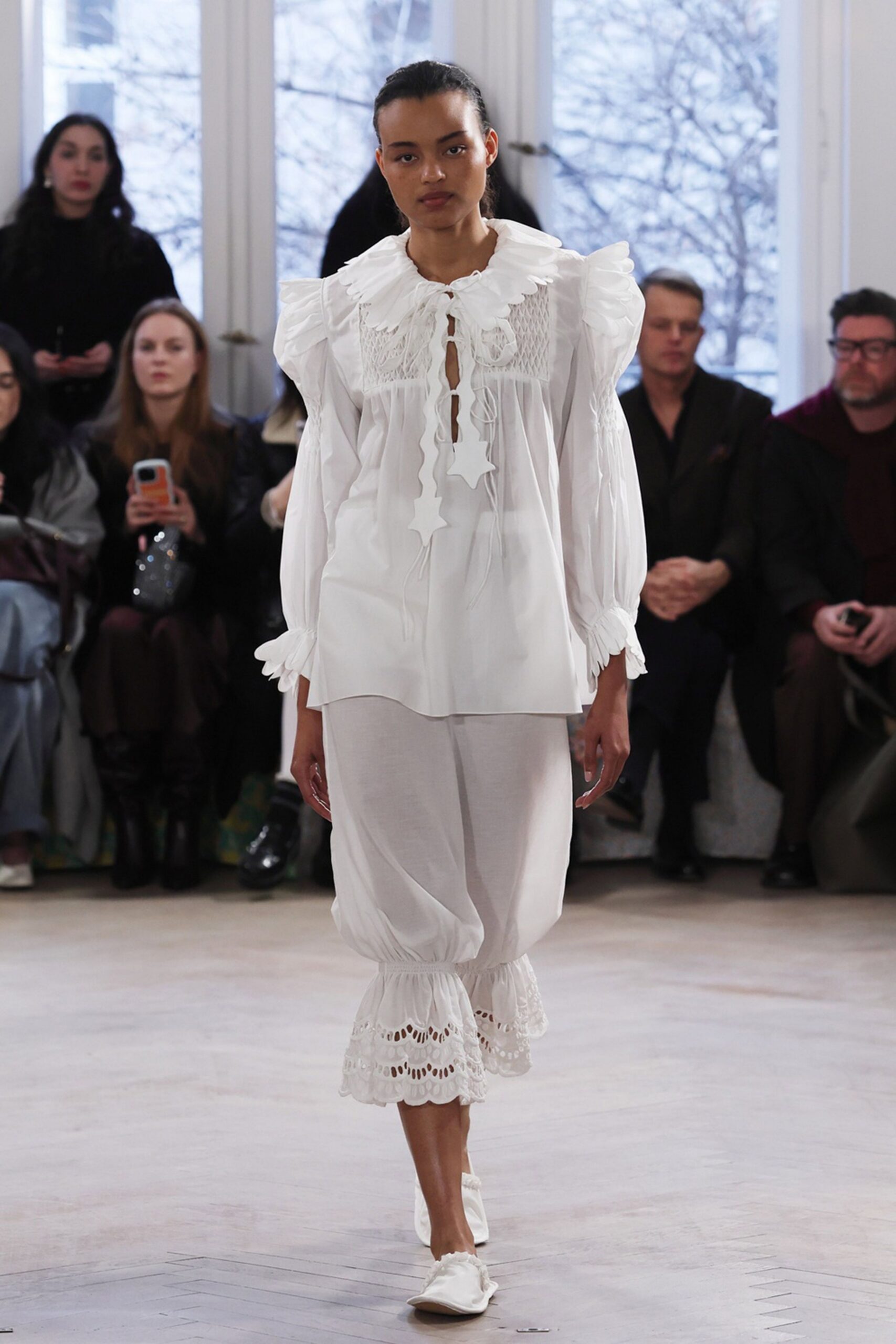 white cotton long-sleeve collared relaxed ruffled embroidered blouse