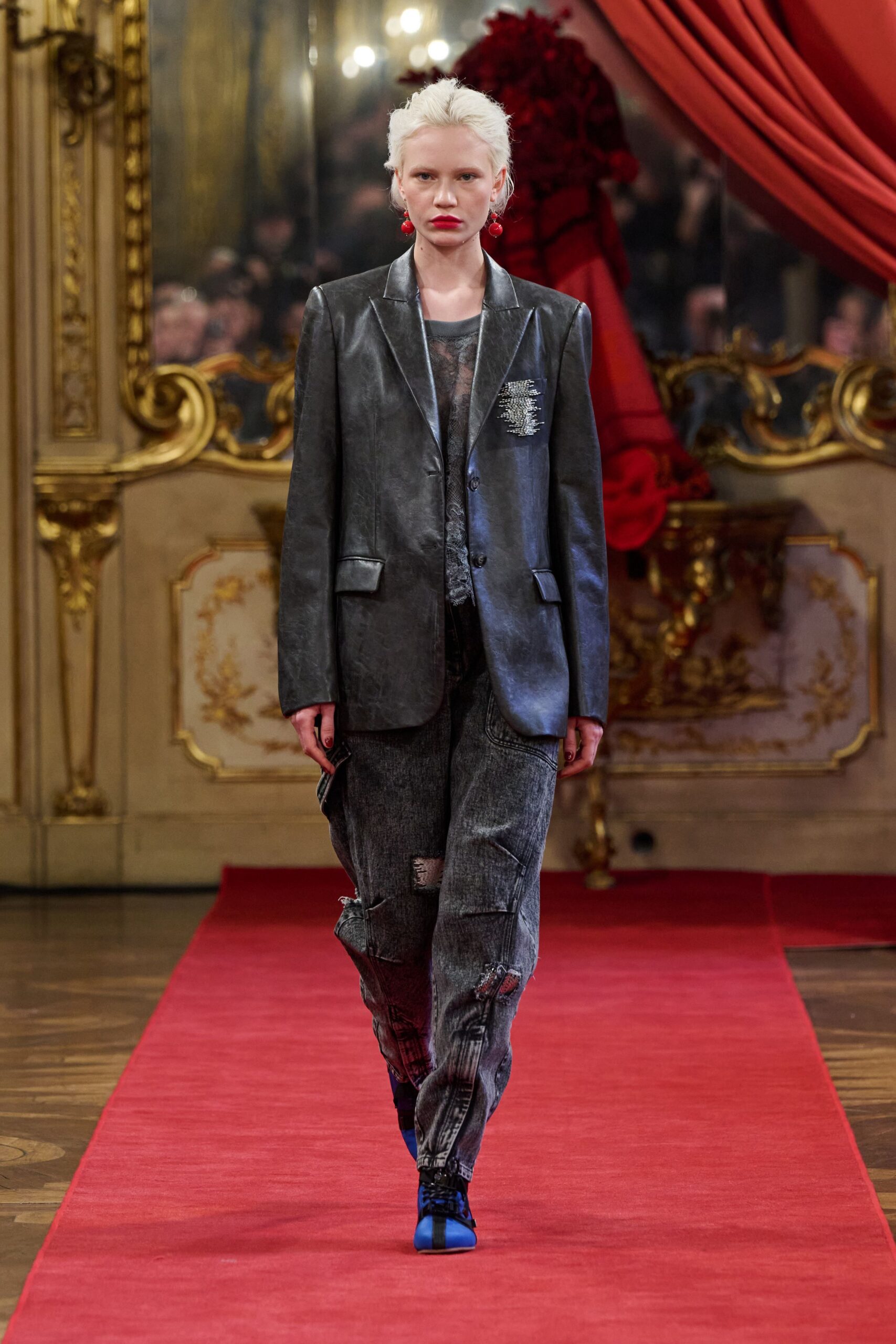 black leather long-sleeve collared structured buttoned blazer