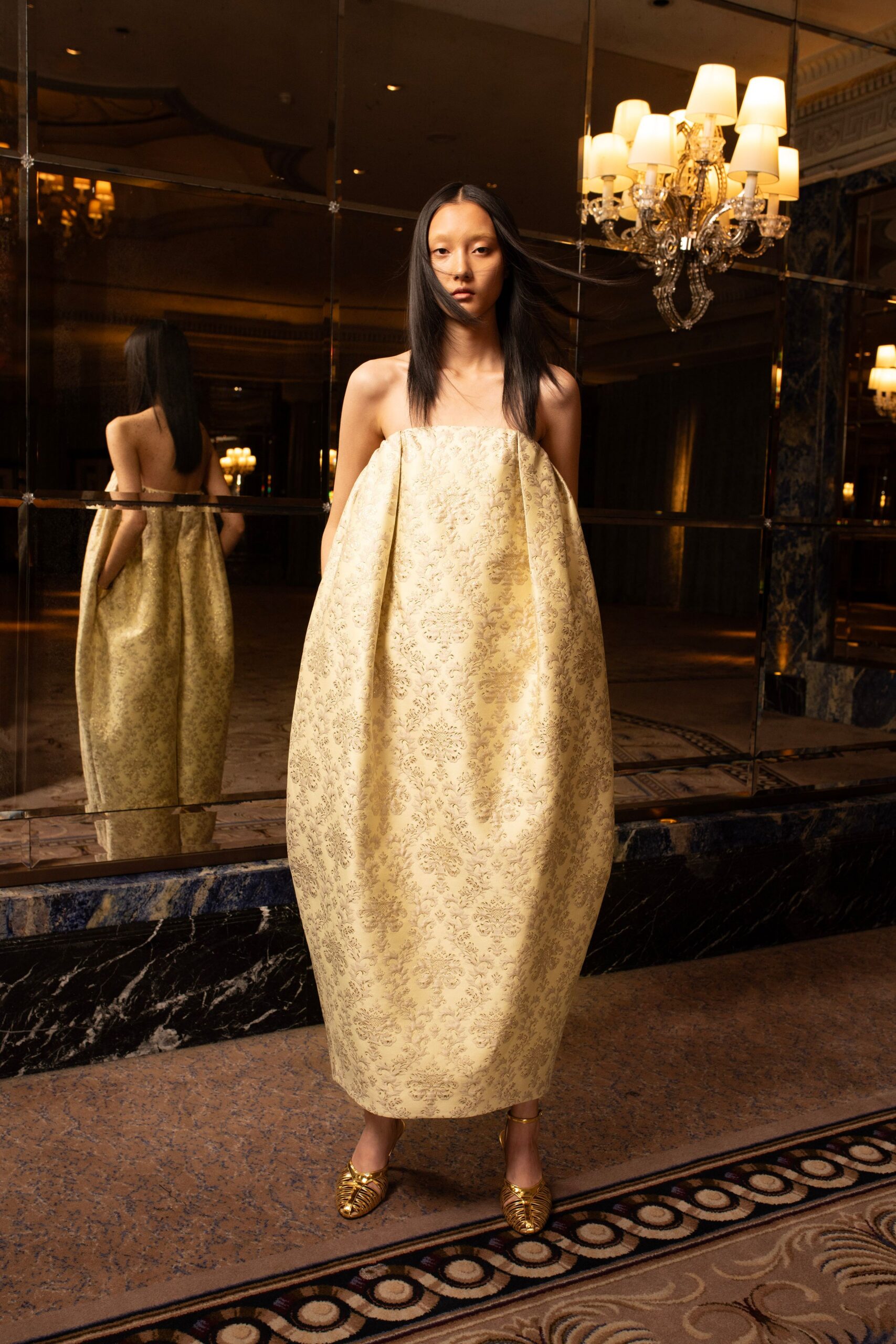 yellow silk sleeveless square-neck relaxed embroidered maxi dress