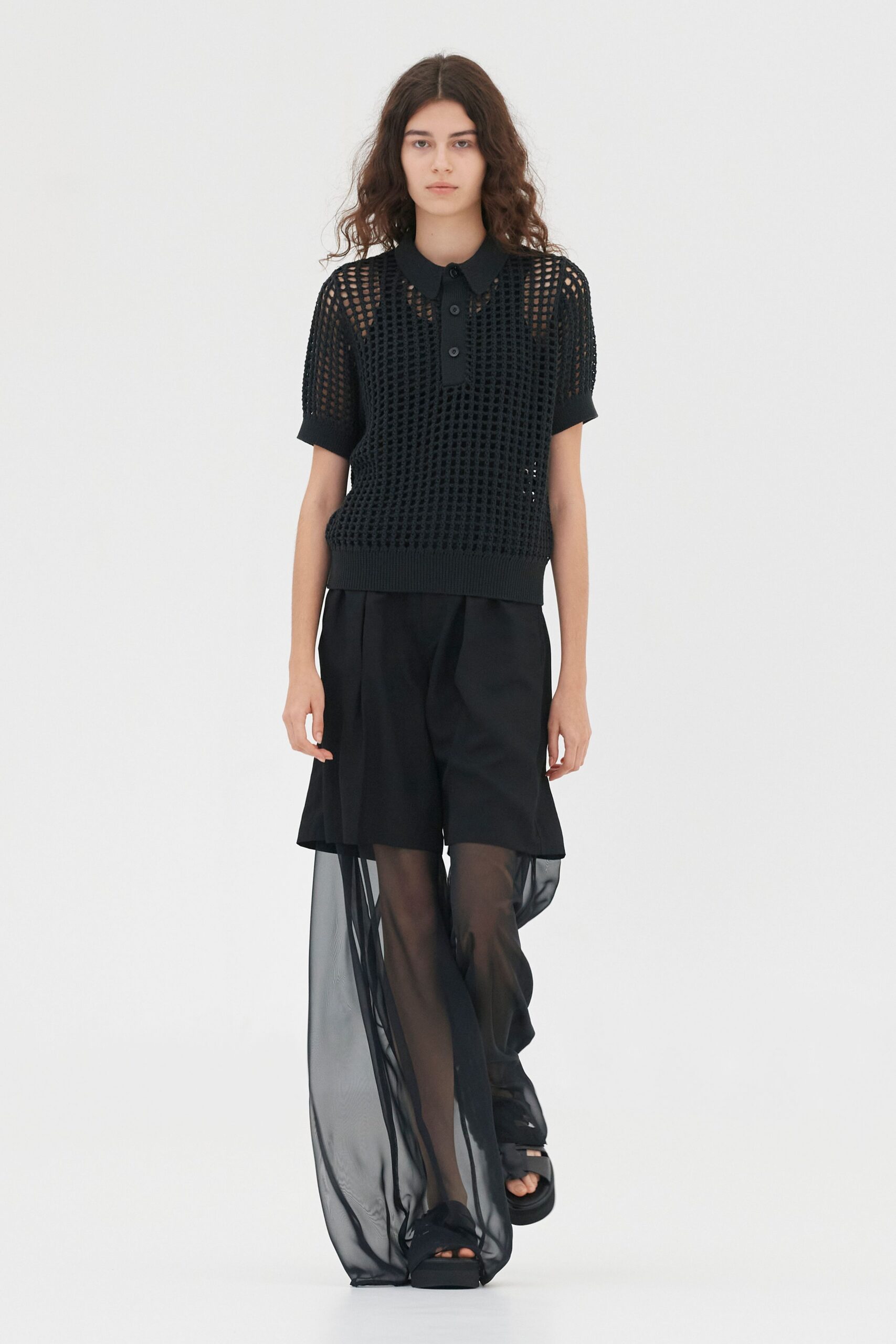 black cotton short-sleeve collared relaxed textured top