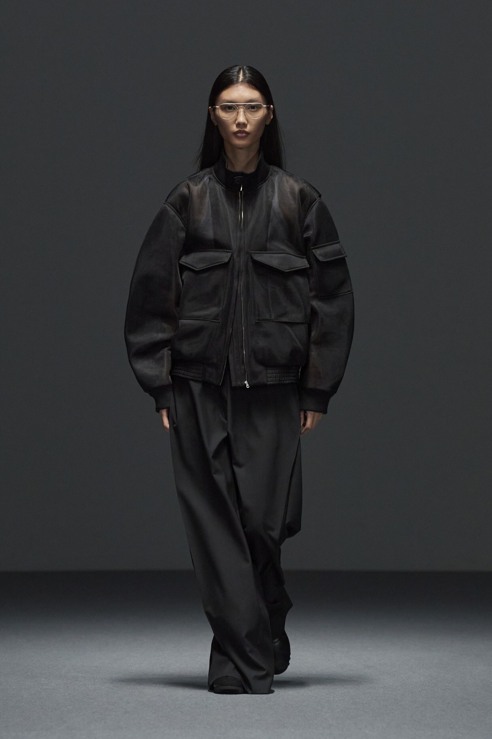 black oversized jacket and relaxed pants