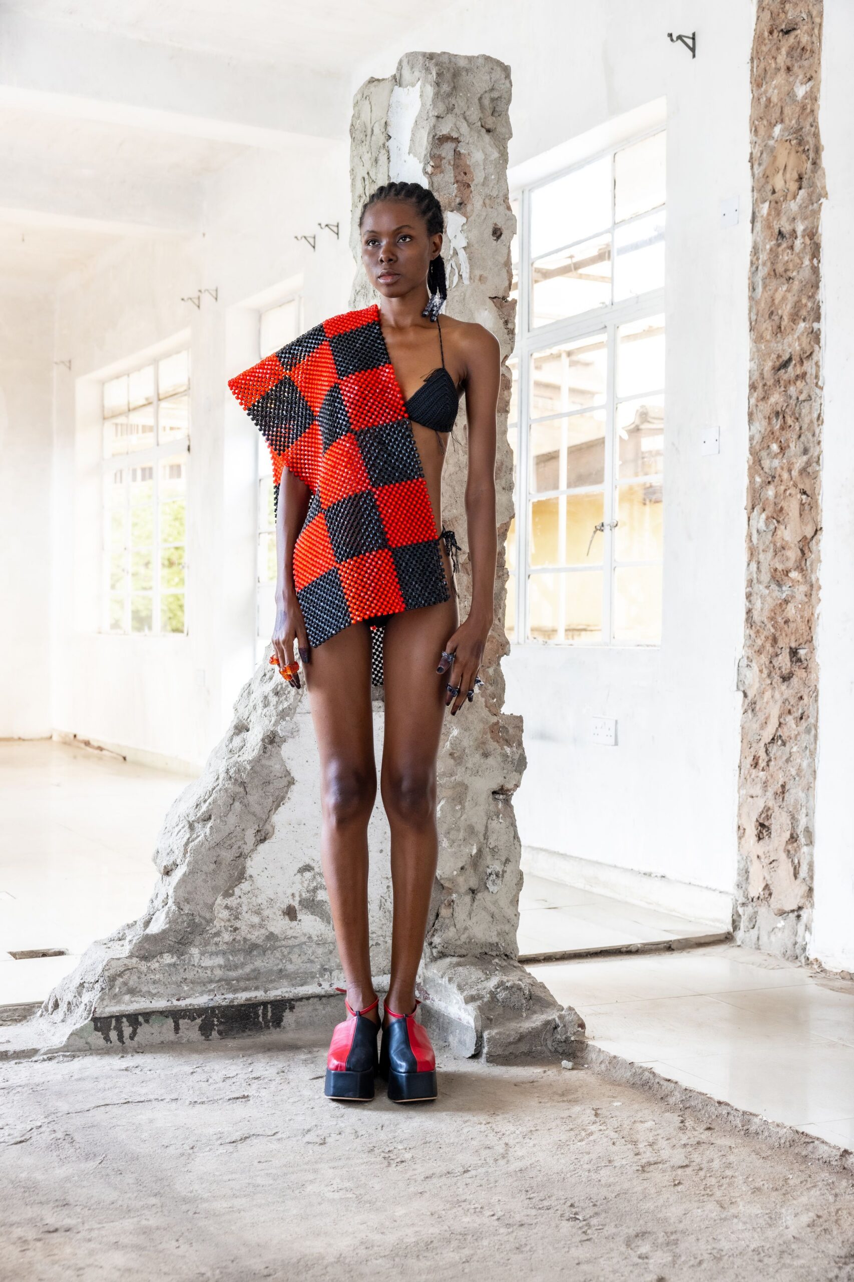 asymmetric checked mini dress with platform shoes