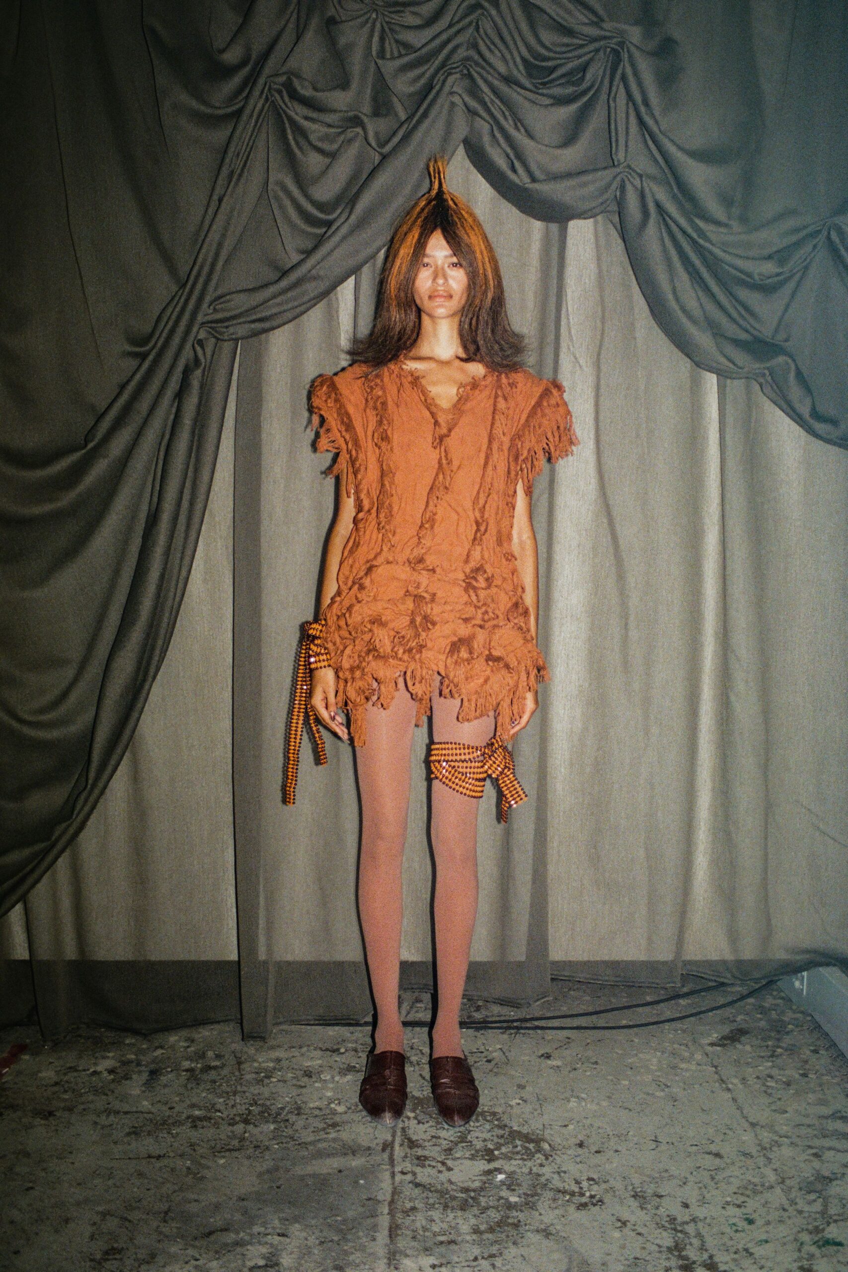 brown cotton sleeveless v-neck fitted fringed short dress