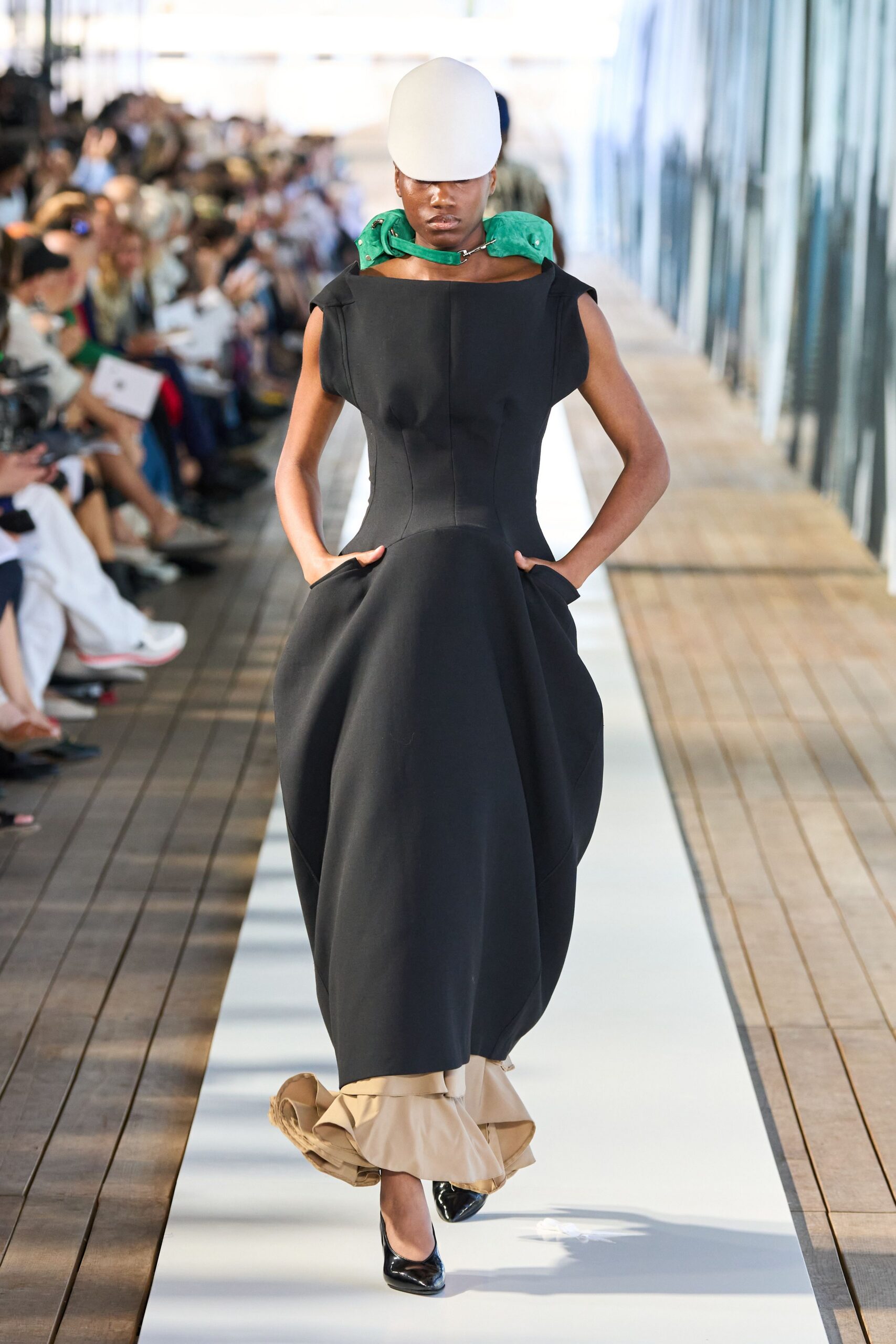 black midi dress with green scarf