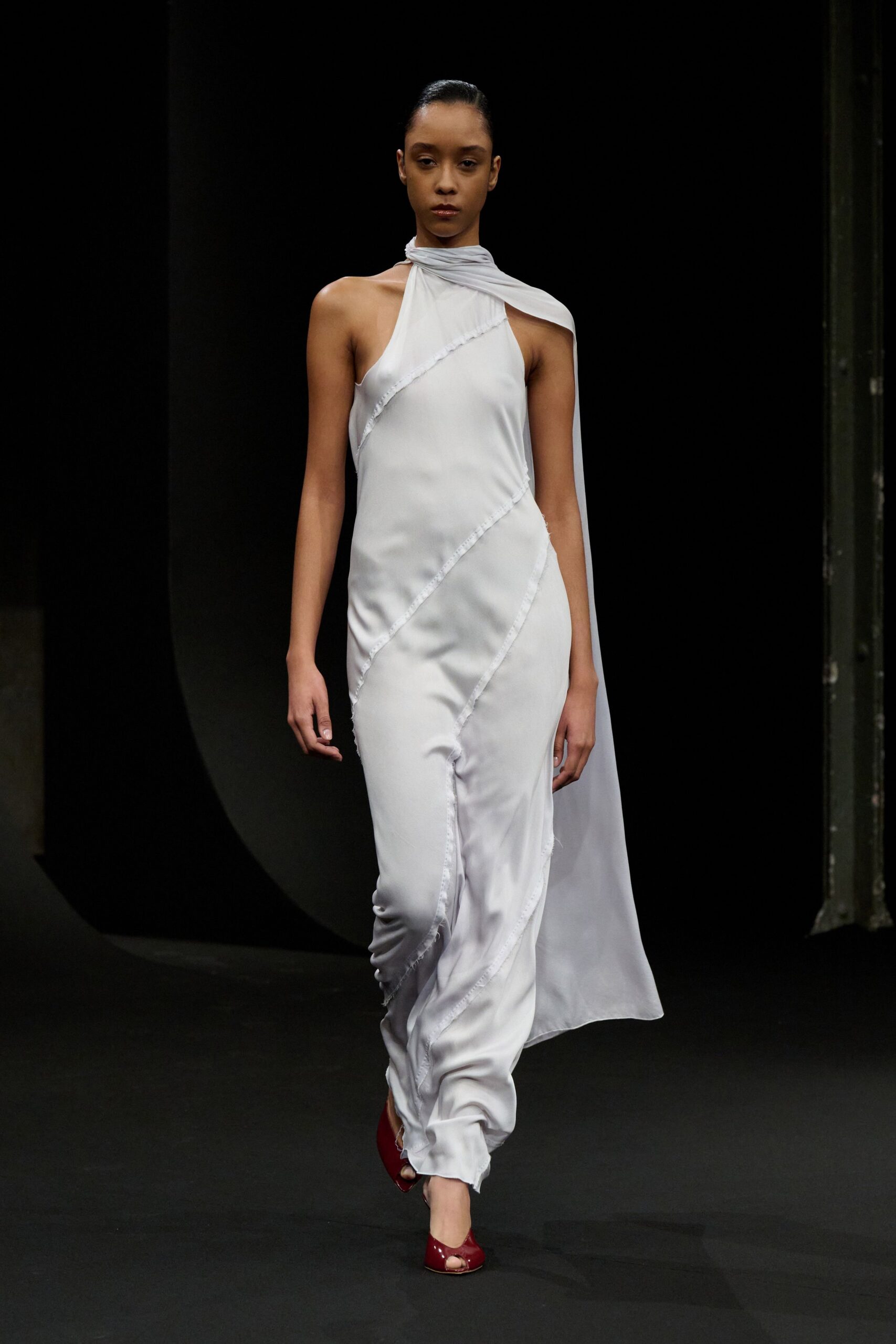 white silk fitted gown