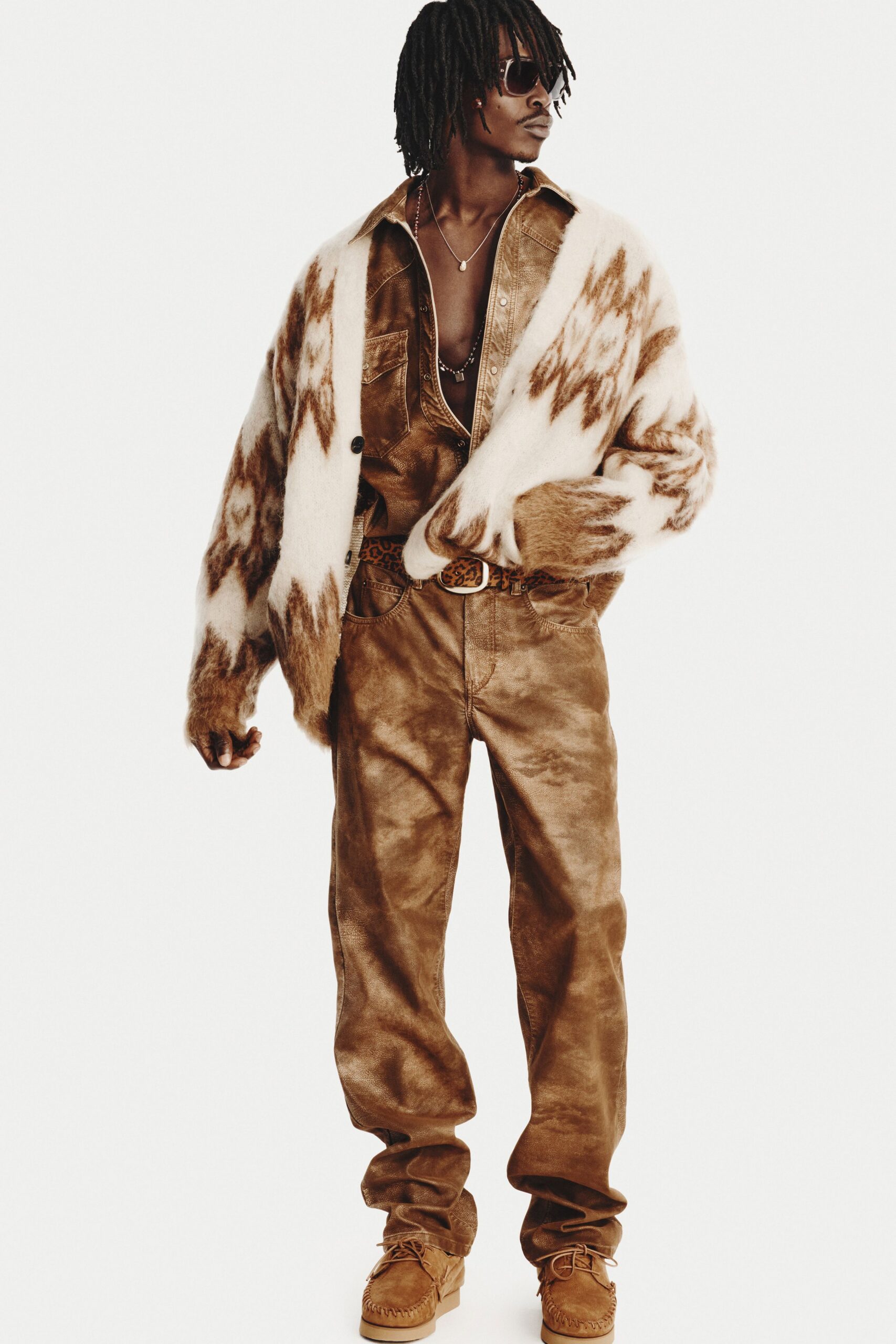 brown wool long-sleeve relaxed printed cardigan