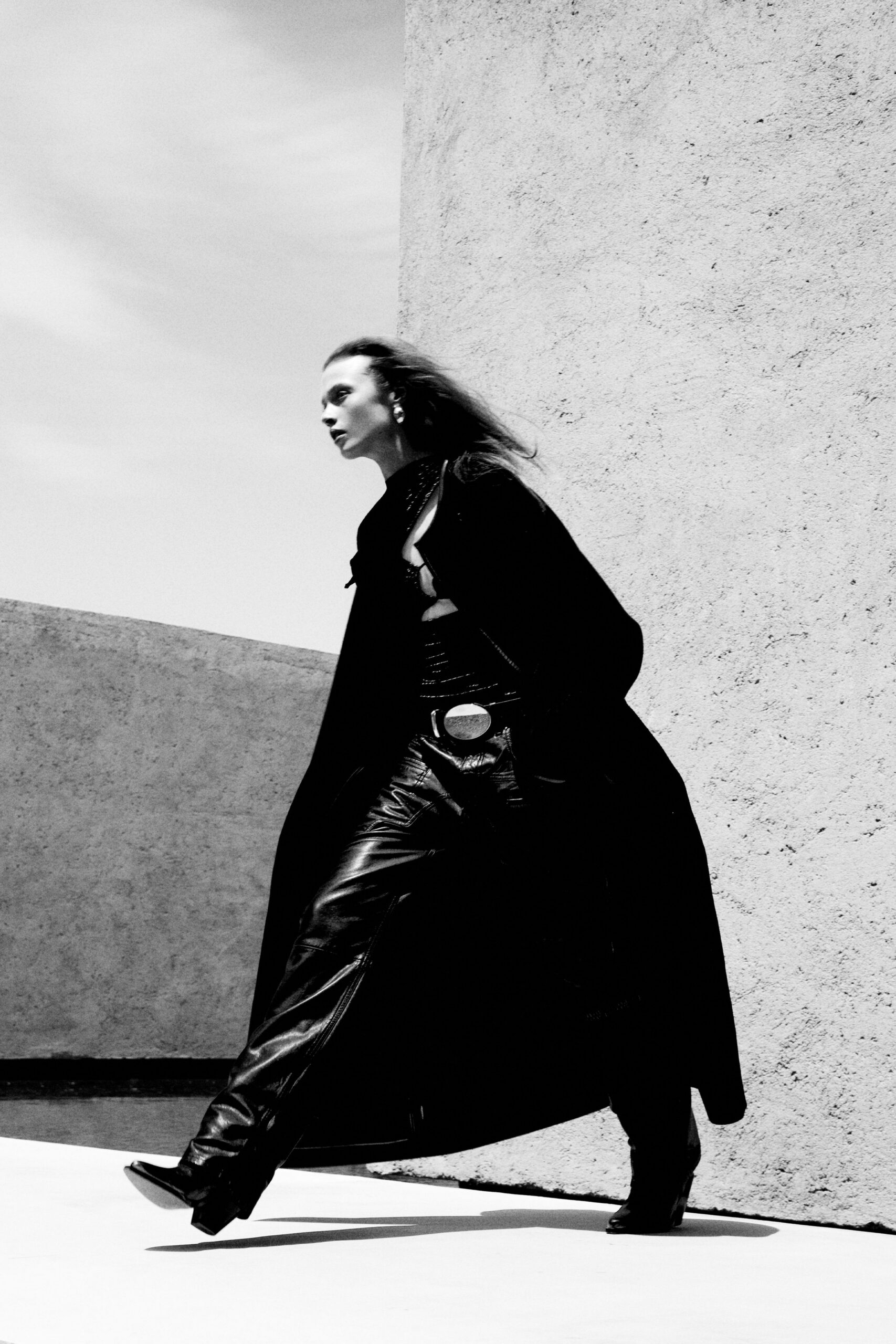 black leather long-sleeve collared fitted layered maxi coat