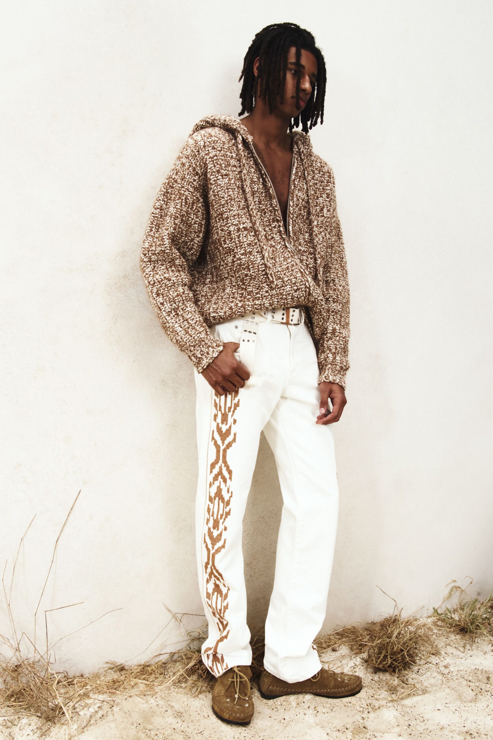 brown relaxed hoodie with white pants