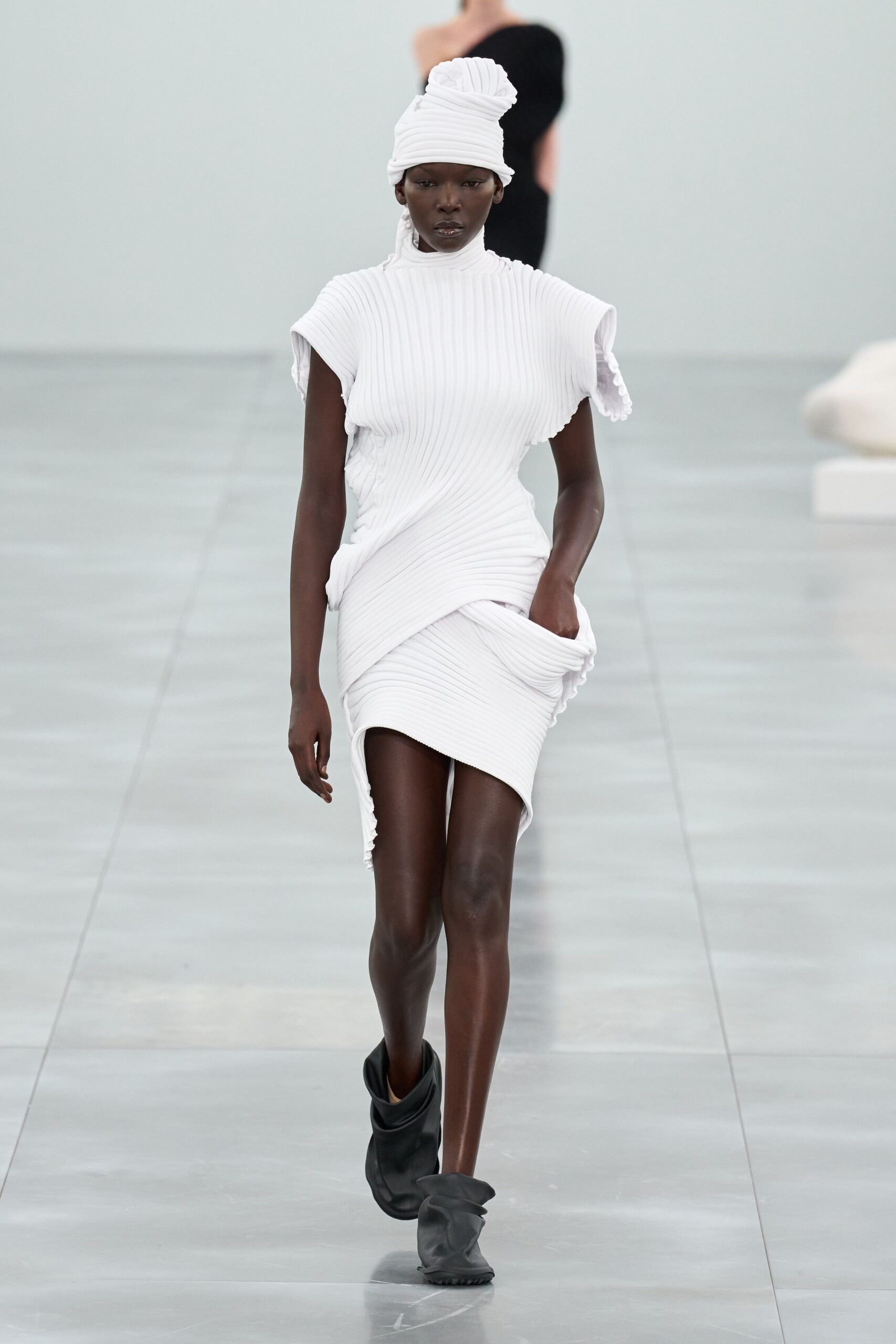 white cotton sleeveless high-neck fitted ruched mini dress