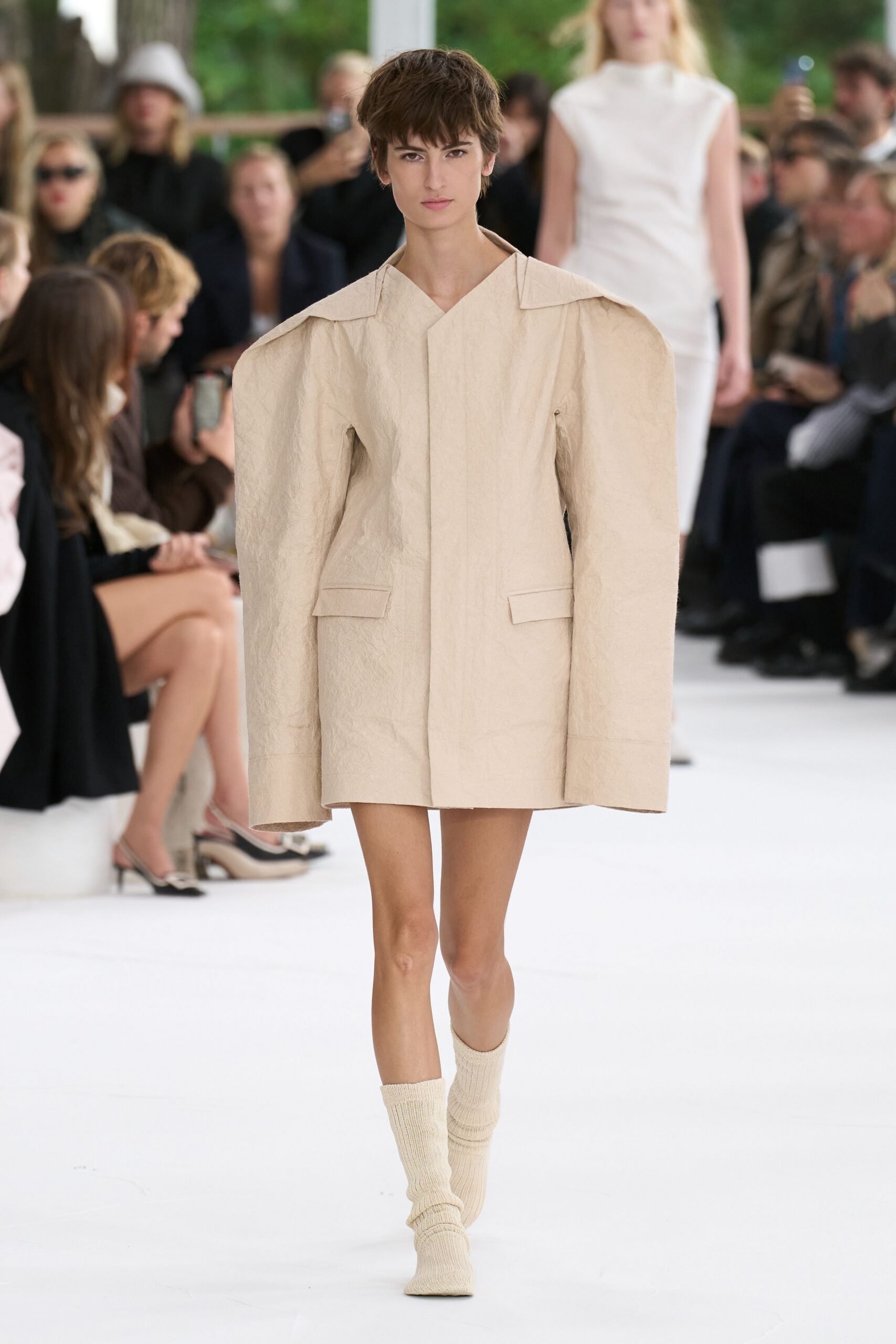 beige cotton long-sleeve collared oversized structured short jacket