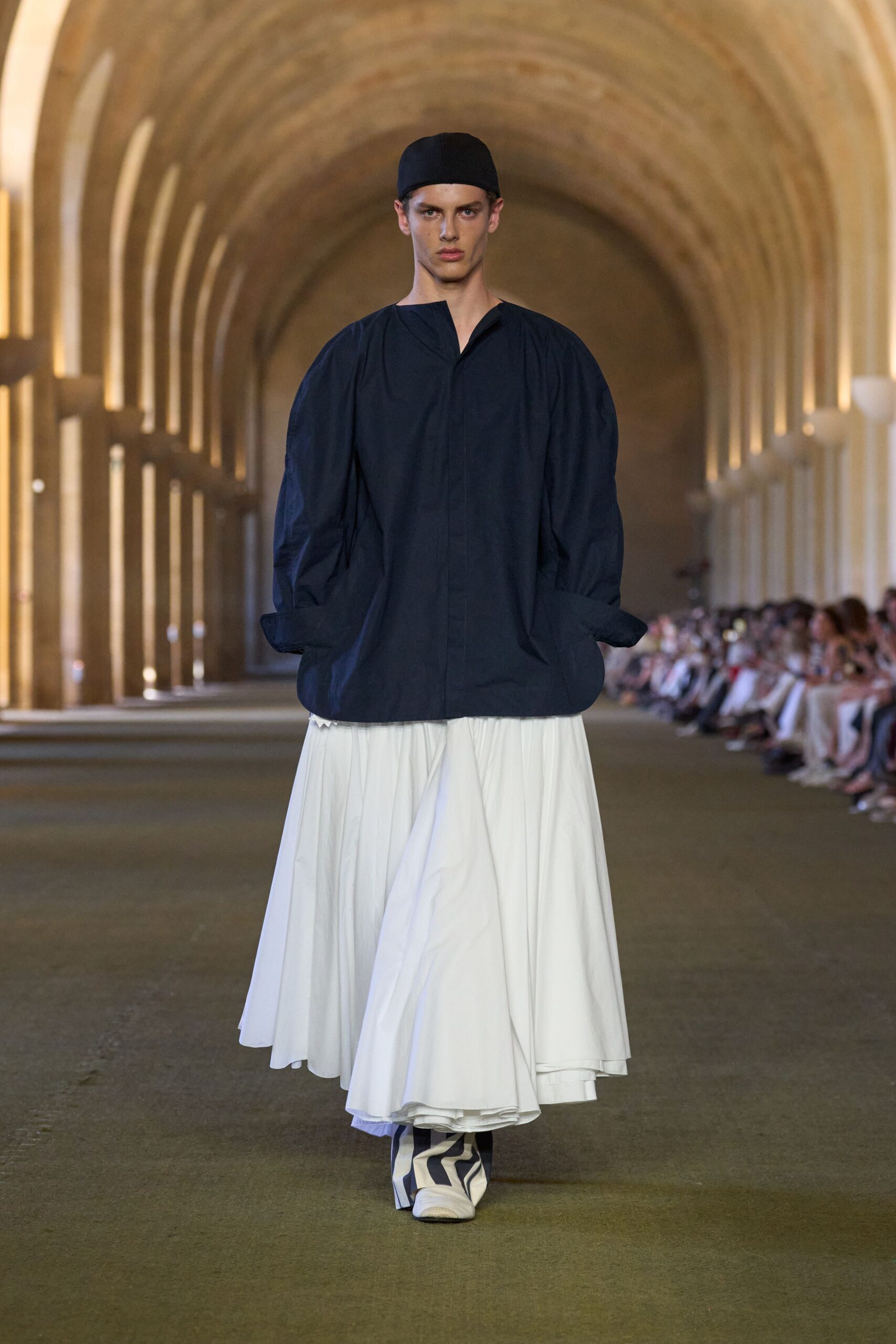 navy shirt white tiered skirt