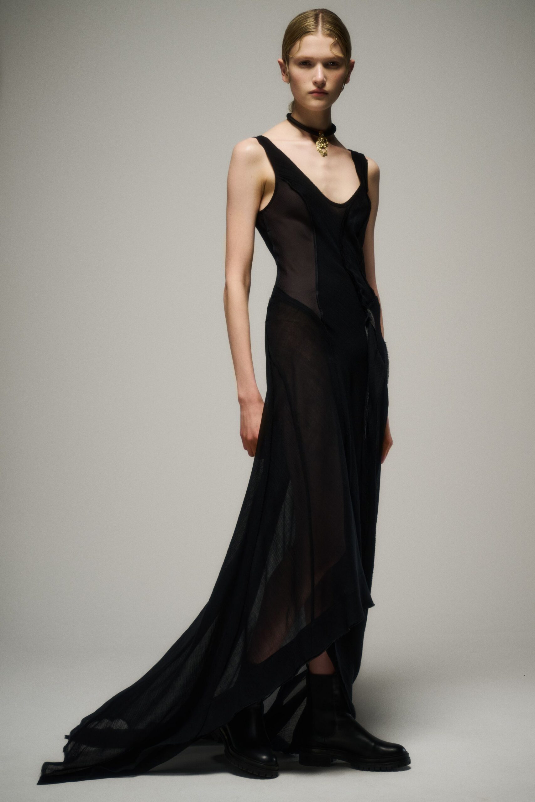 black silk sleeveless v-neck fitted draped sheer gown