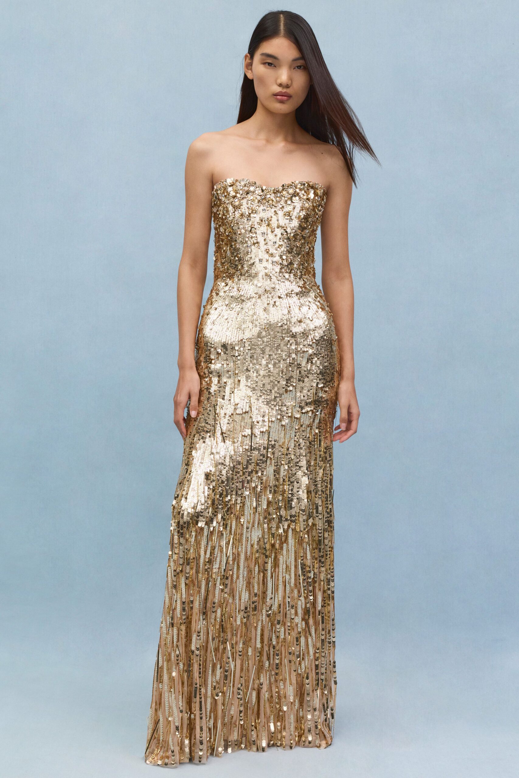 gold sequin strapless gown