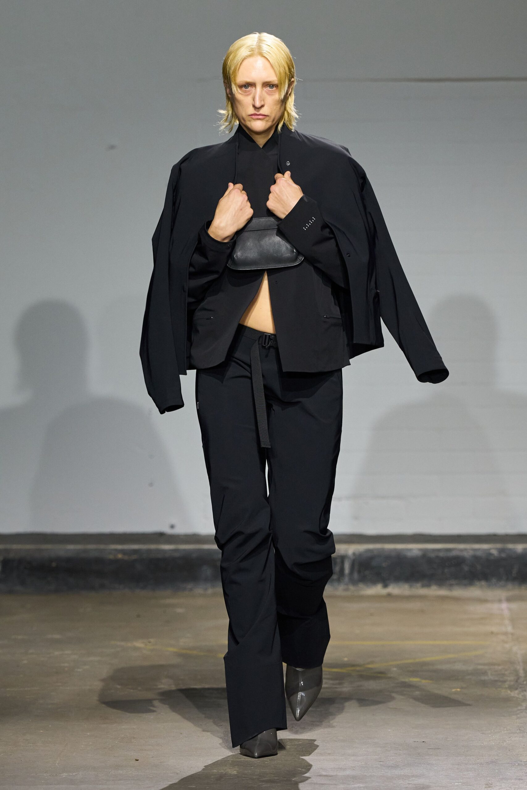 black oversized jacket and tailored pants