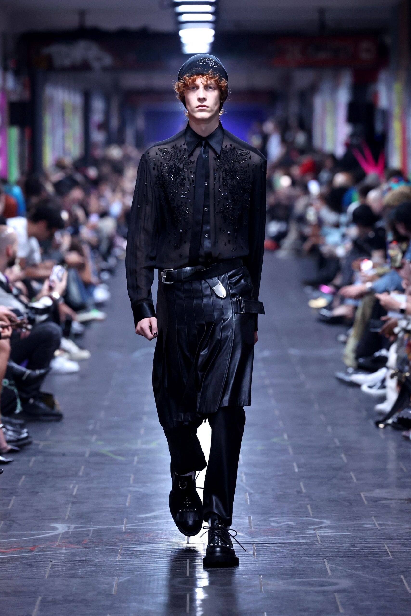 black silk long-sleeve collared fitted embroidered sheer shirt