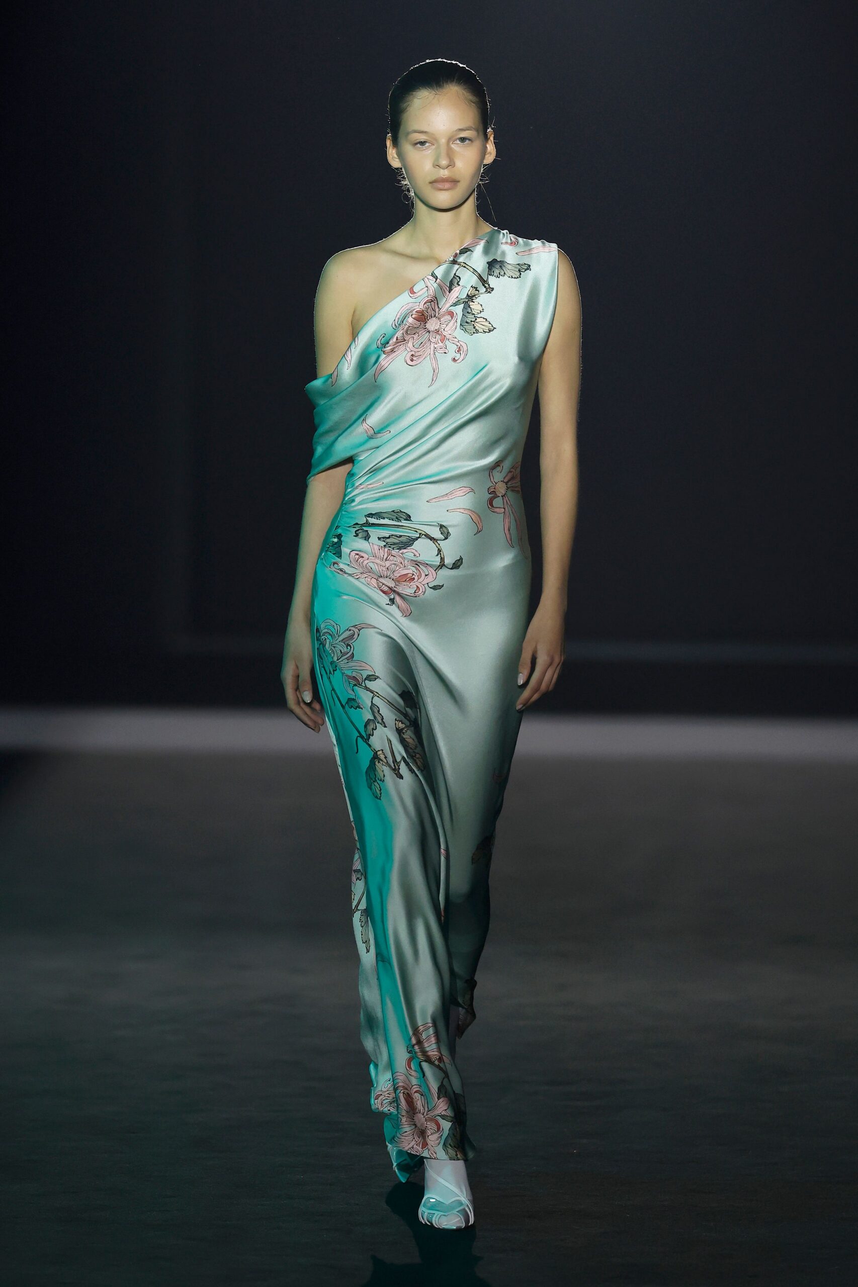 teal silk off-shoulder gown