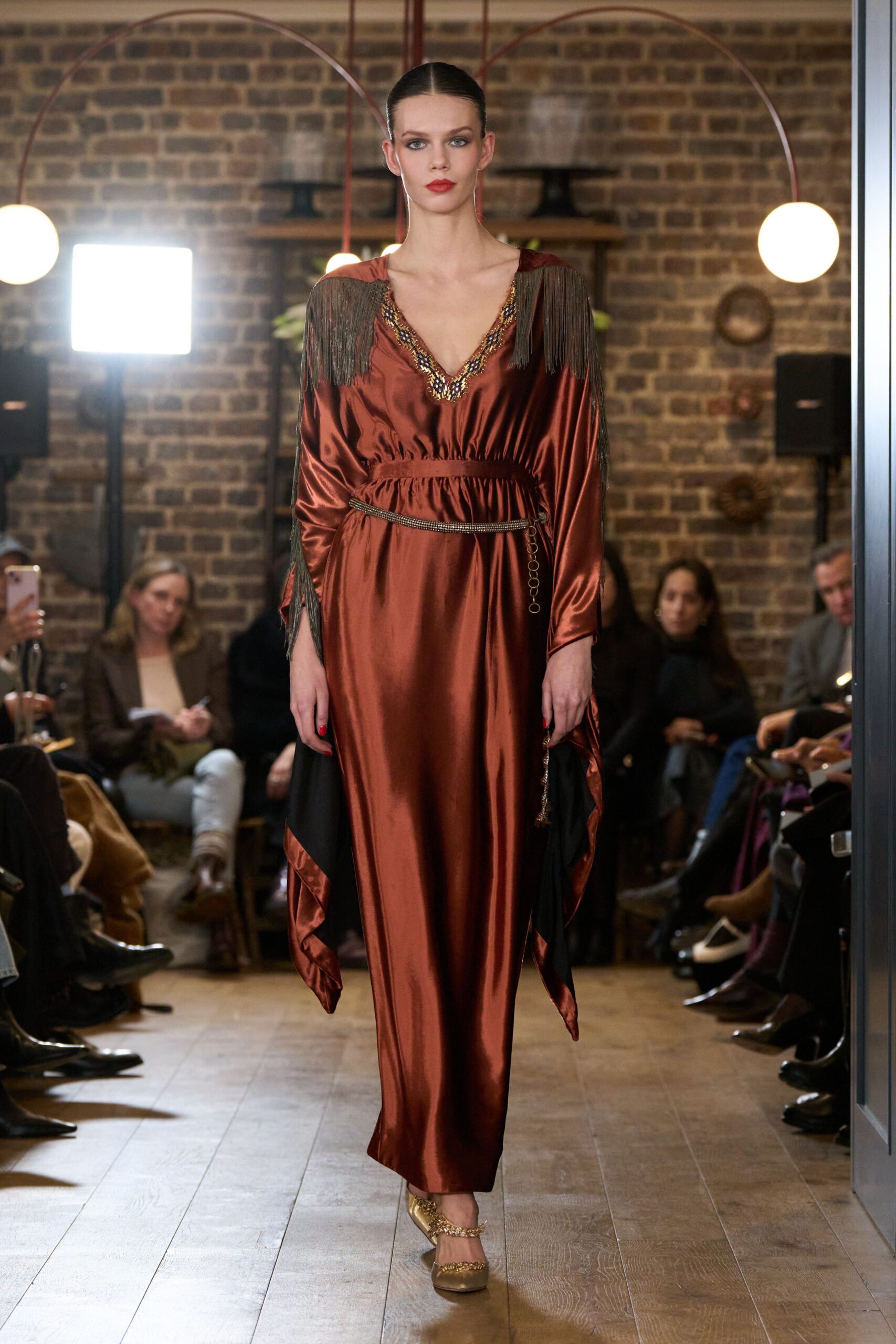brown silk gown with fringes