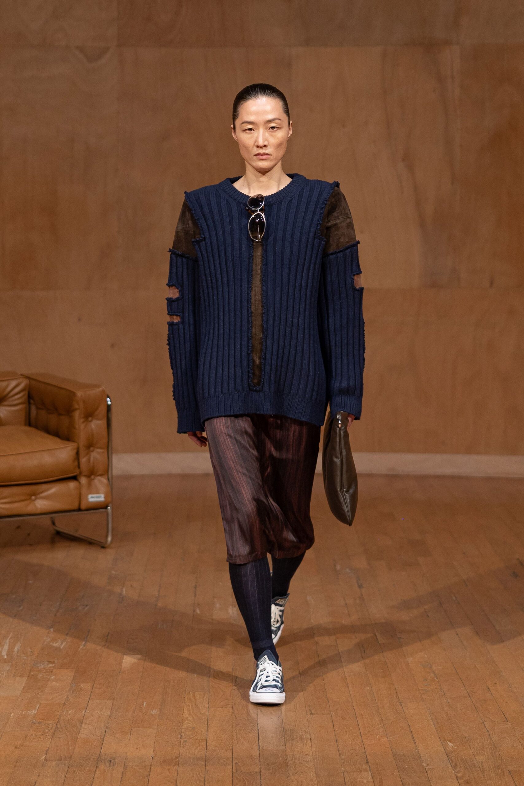 blue wool long-sleeve cutout relaxed ribbed sweater