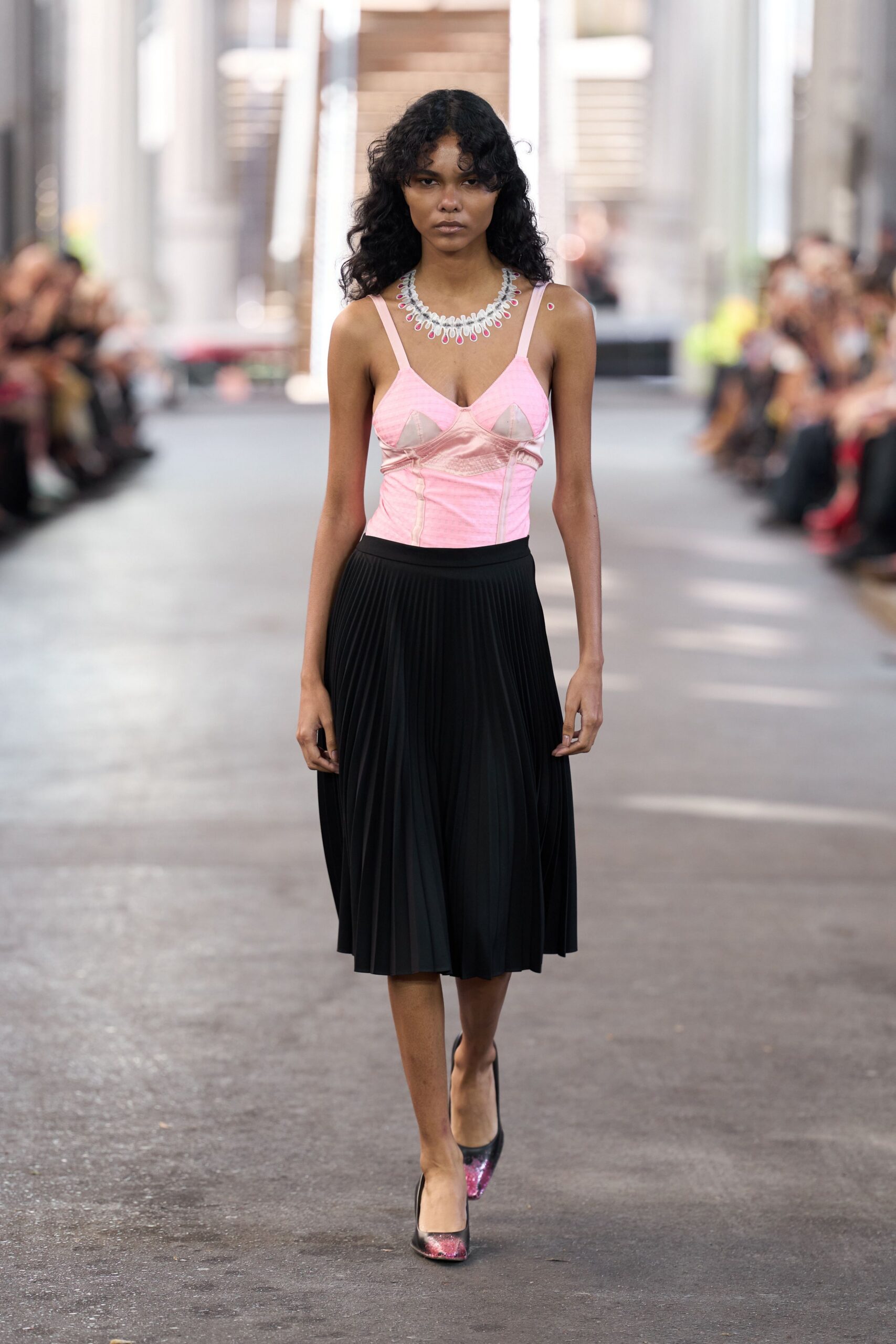 pink silk sleeveless v-neck fitted ruched corset