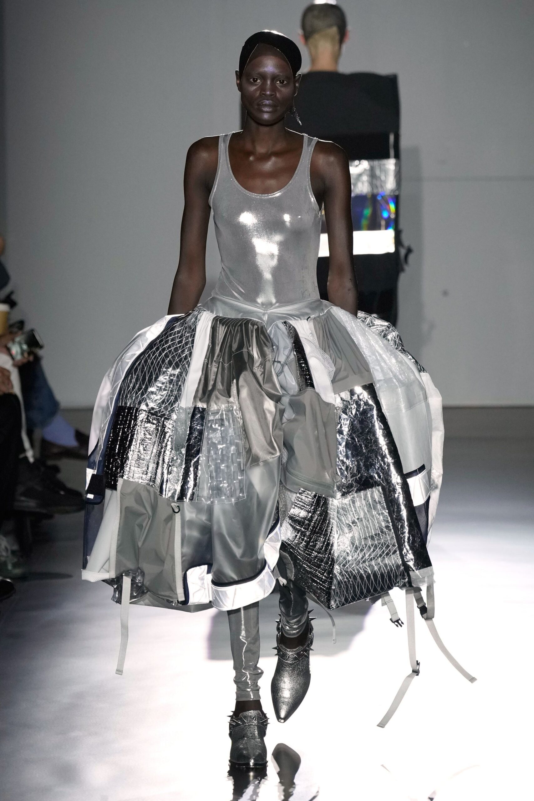 gray metallic sleeveless fitted layered pleated shiny dress