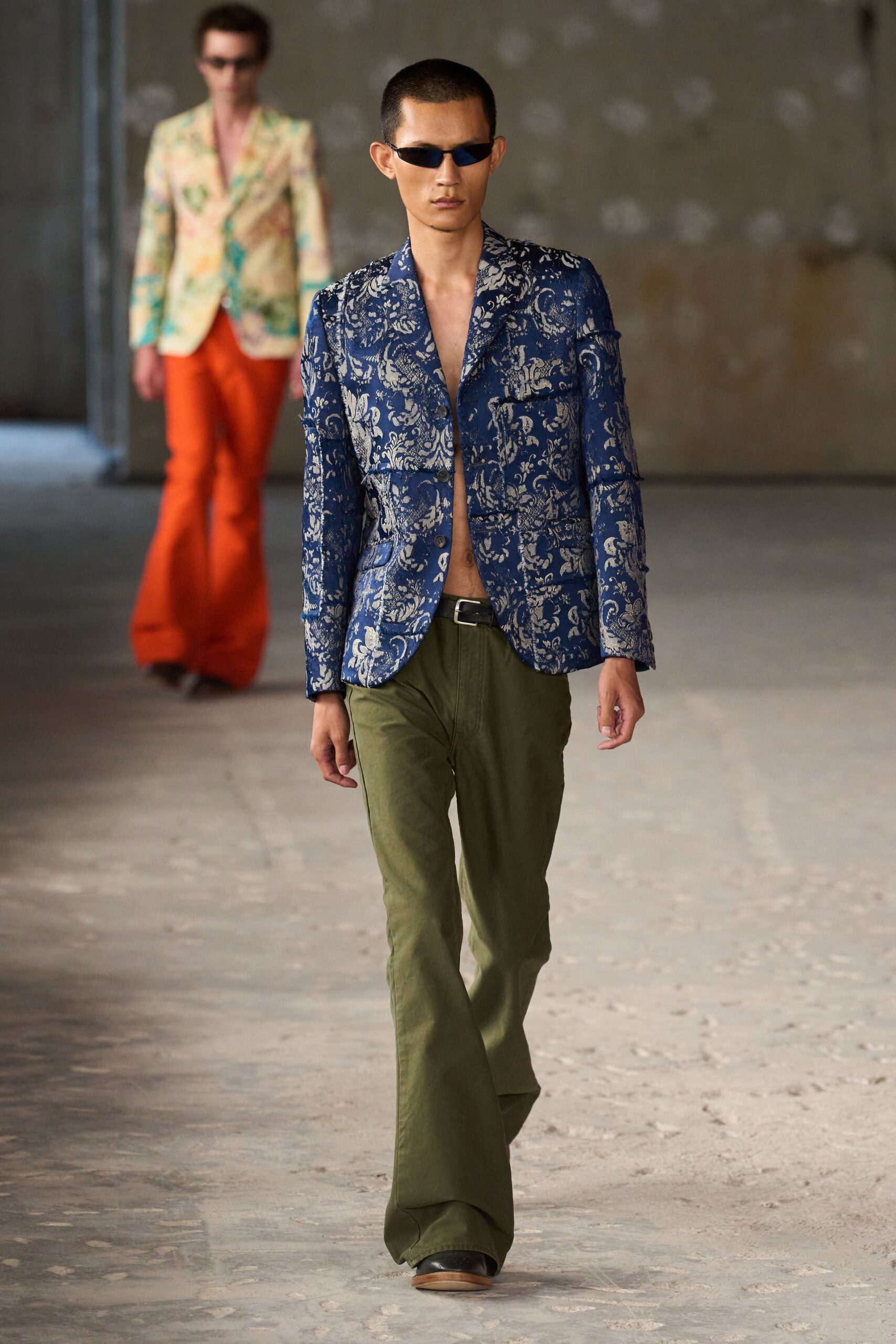 blue embroidered blazer with flared pants