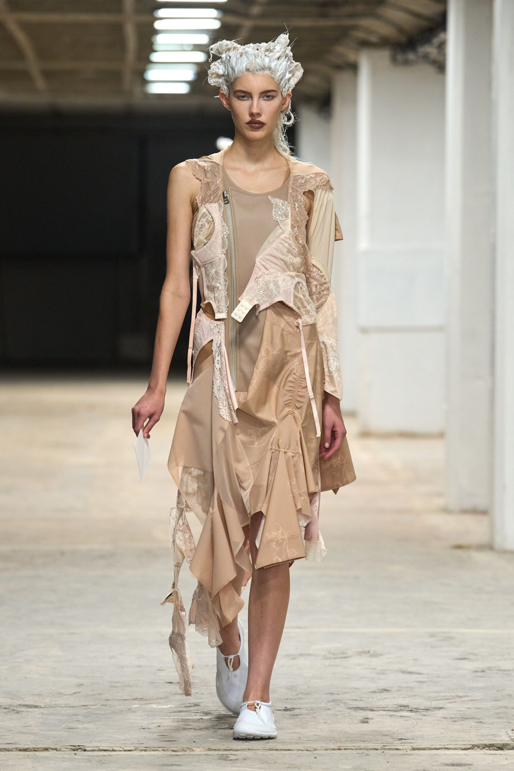 beige silk sleeveless v-neck fitted layered ruffled dress