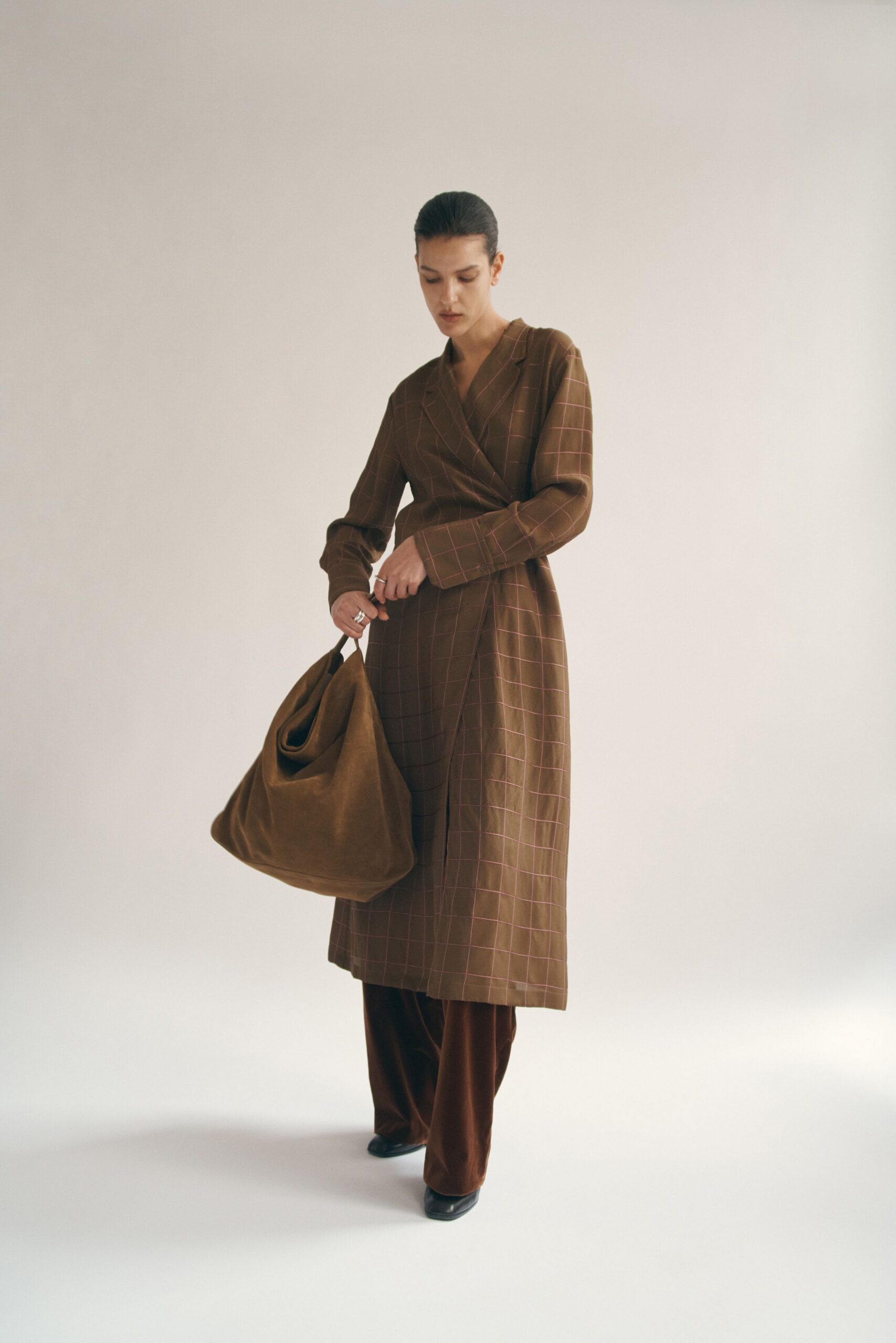 brown checked wrap dress