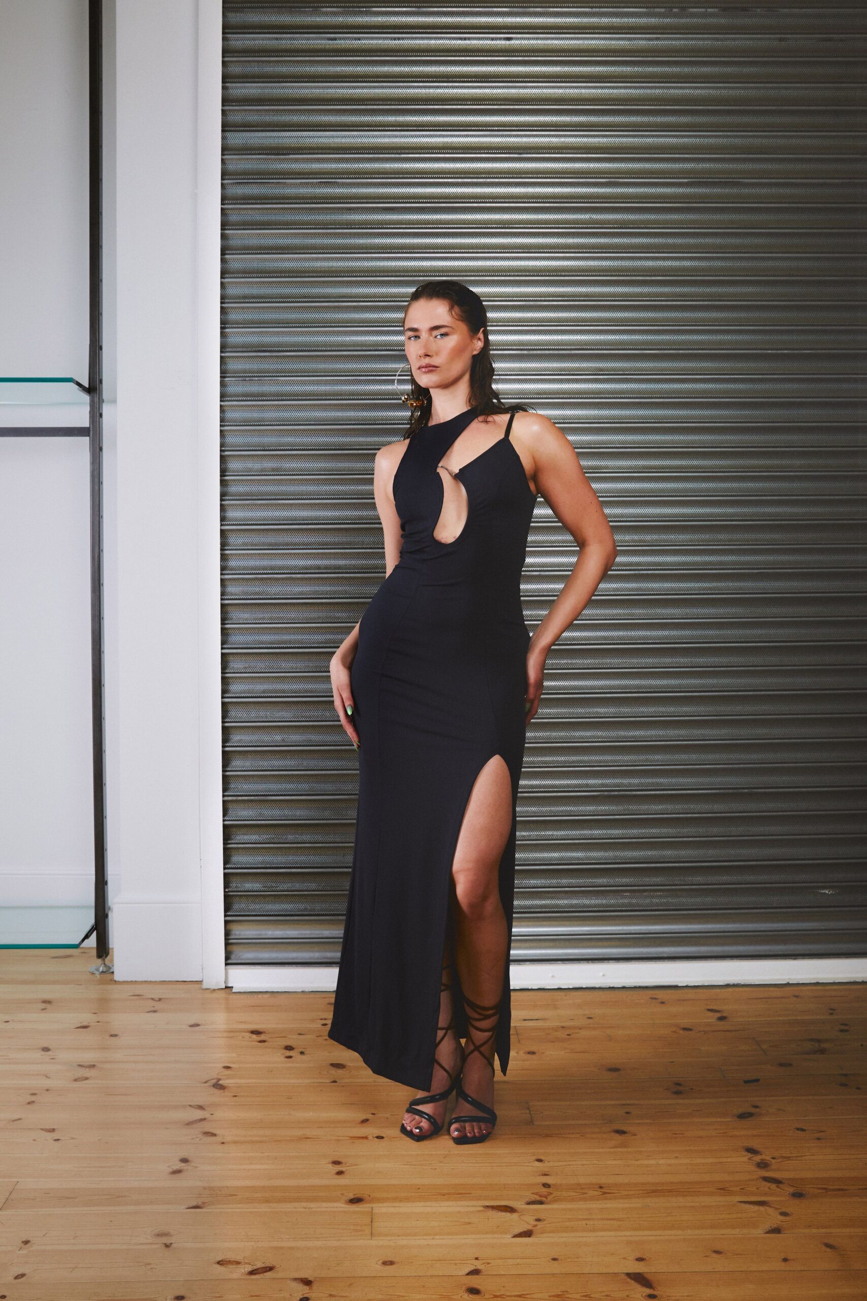black fitted maxi dress with slit