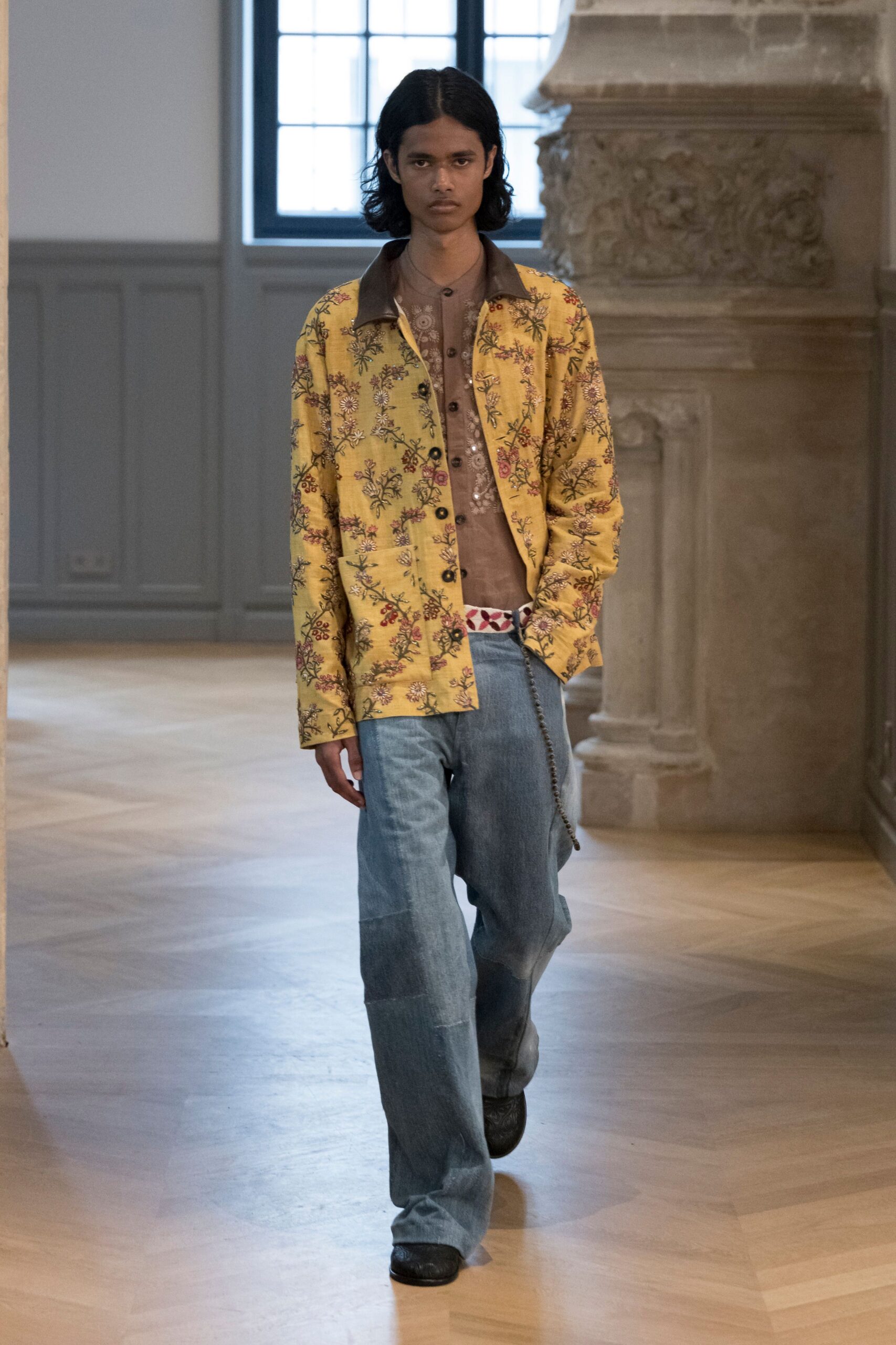 yellow floral shirt with denim pants
