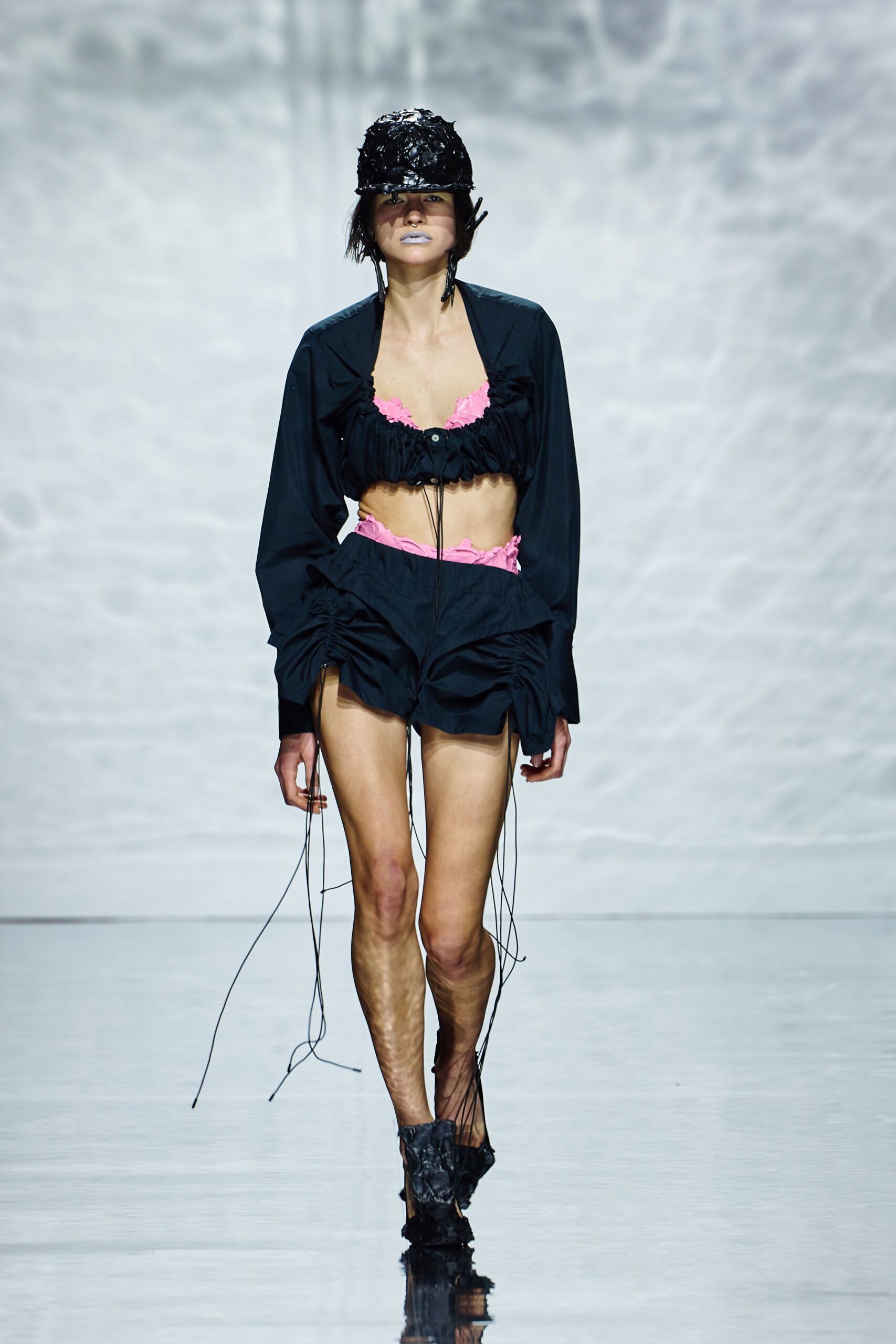 black pink ruffled top mini skirt
