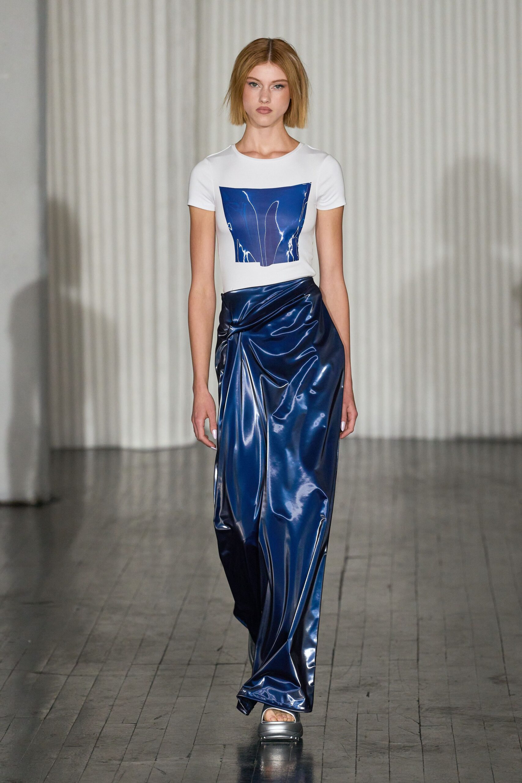 blue vinyl fitted high-waisted draped shiny skirt