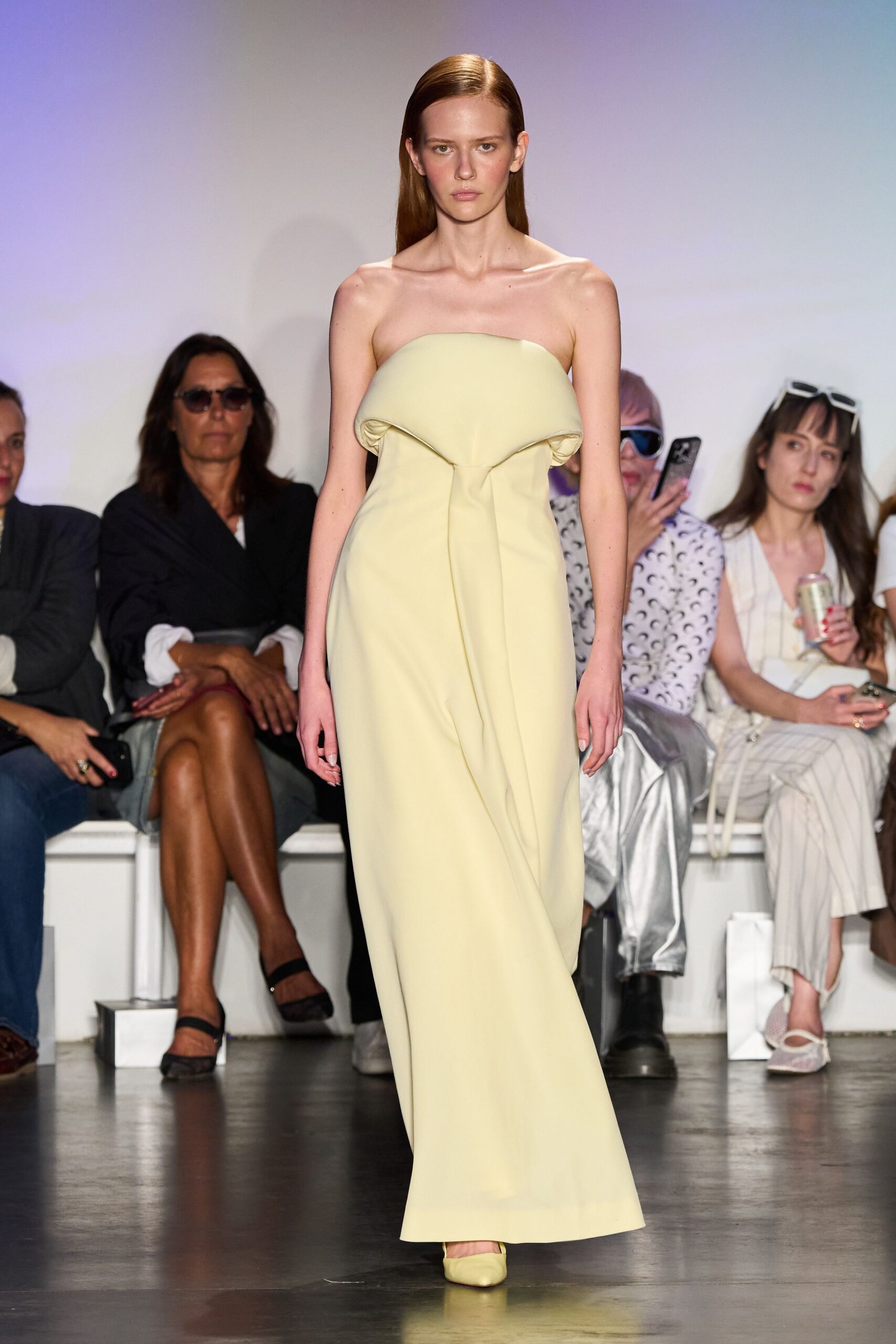 yellow silk strapless gown