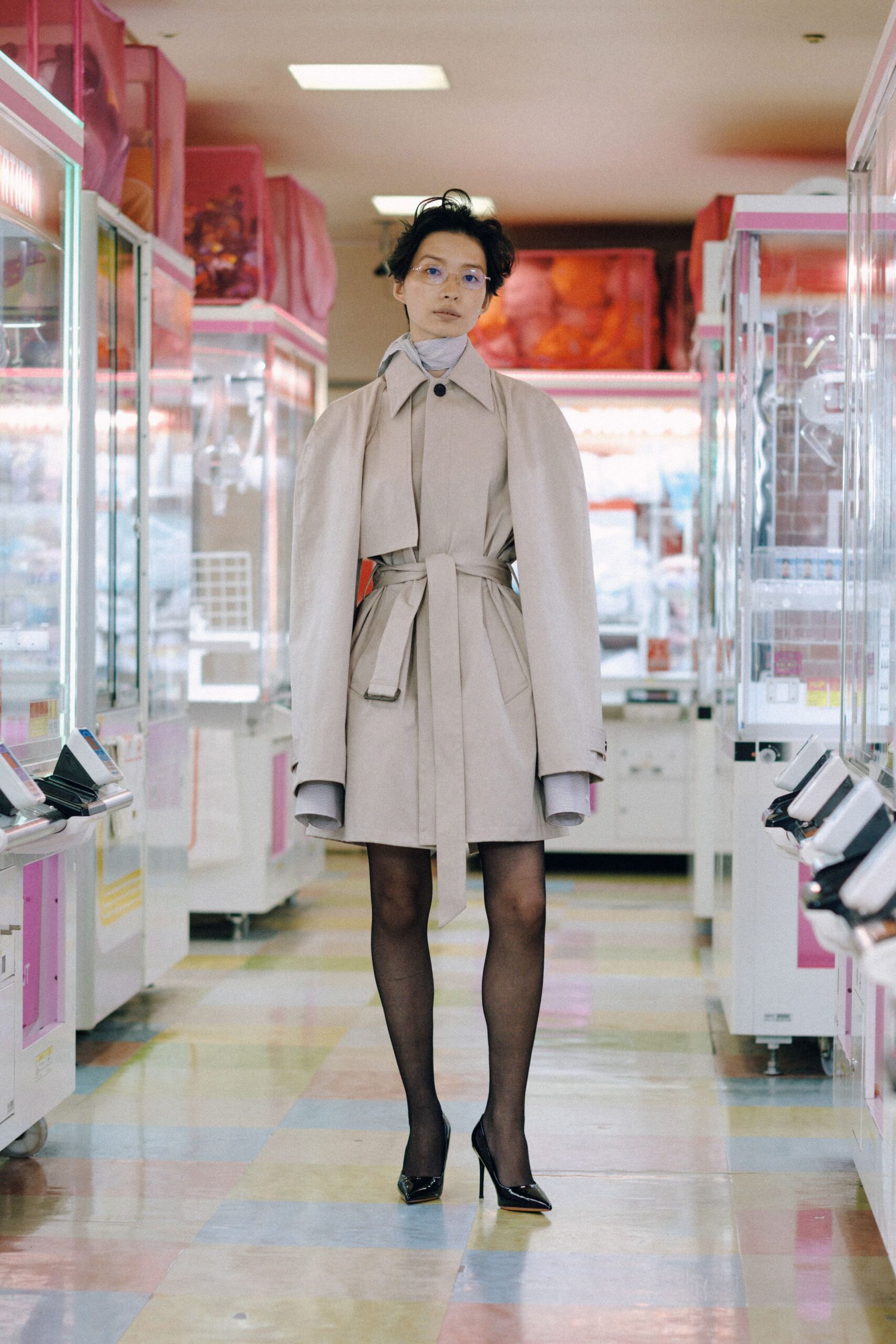 beige cotton long-sleeve collared fitted belted coat