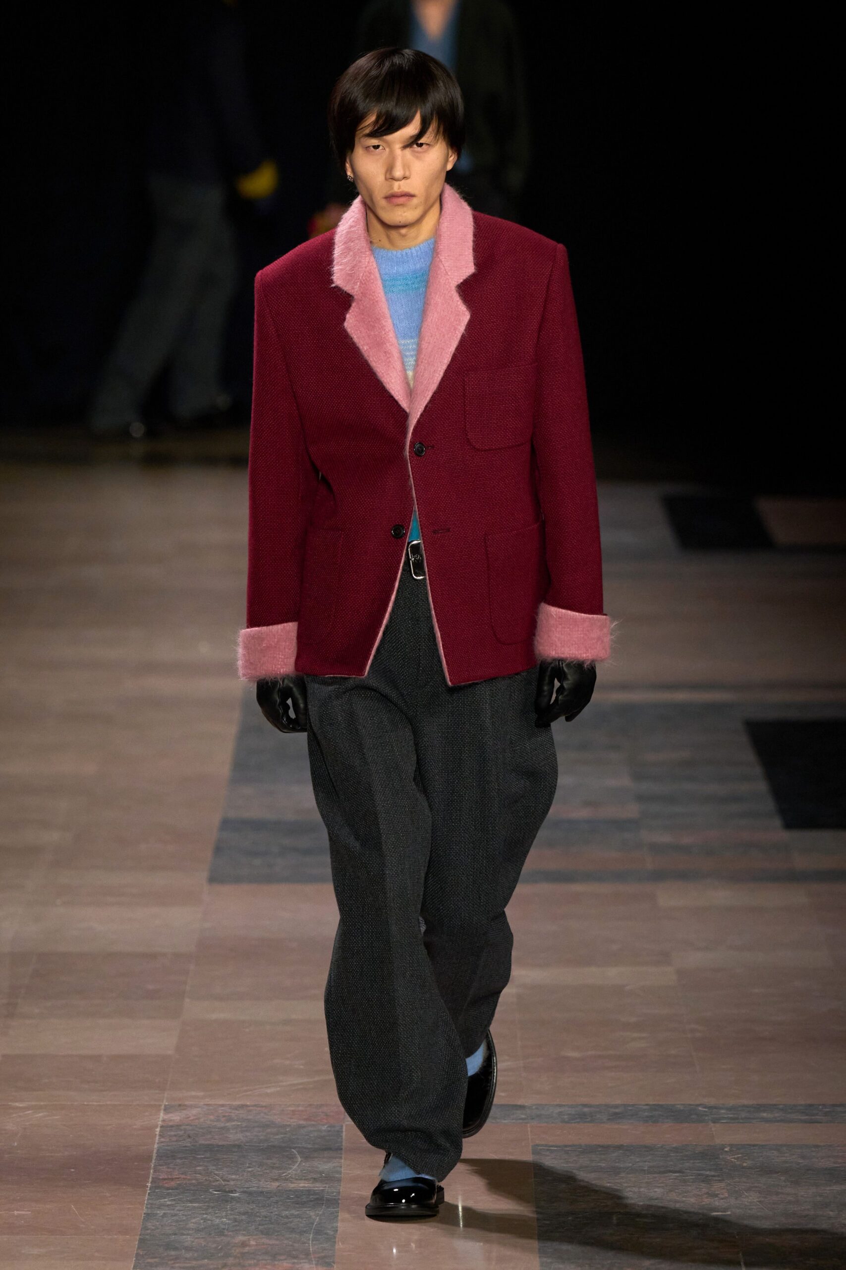 red wool long-sleeve collared structured buttoned blazer