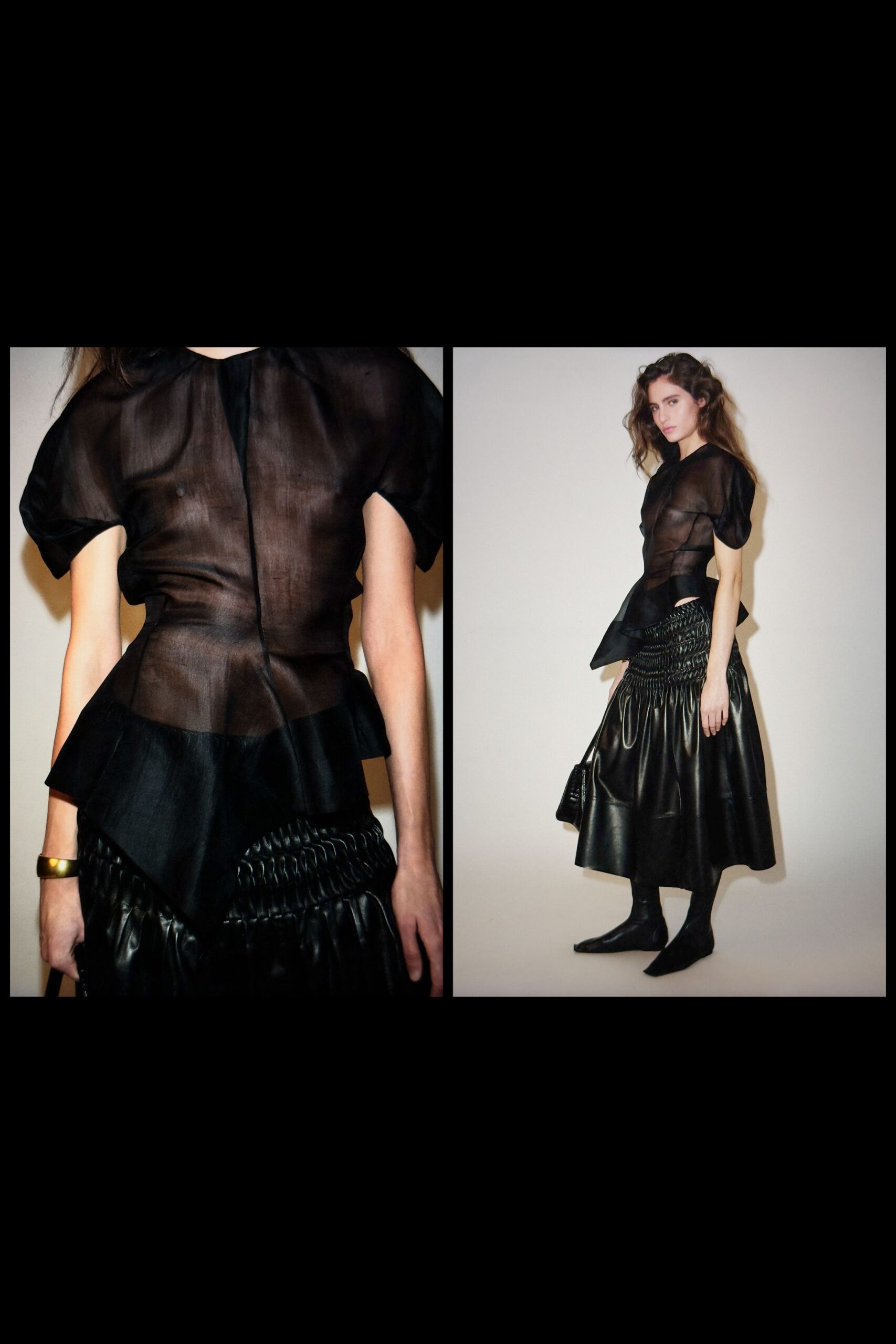 black silk short-sleeve v-neck fitted flared sheer top