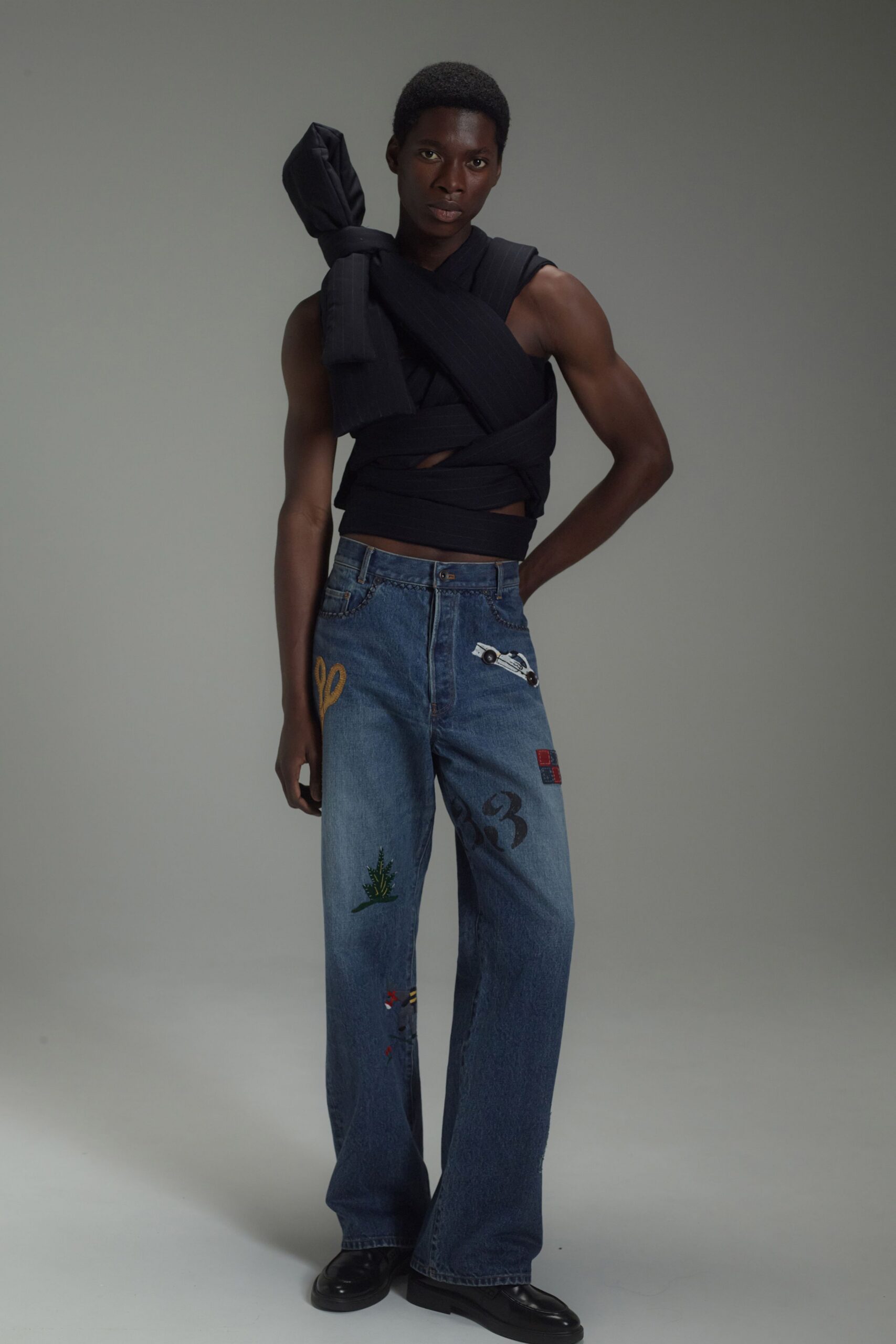 blue denim relaxed embroidered wide-leg pants