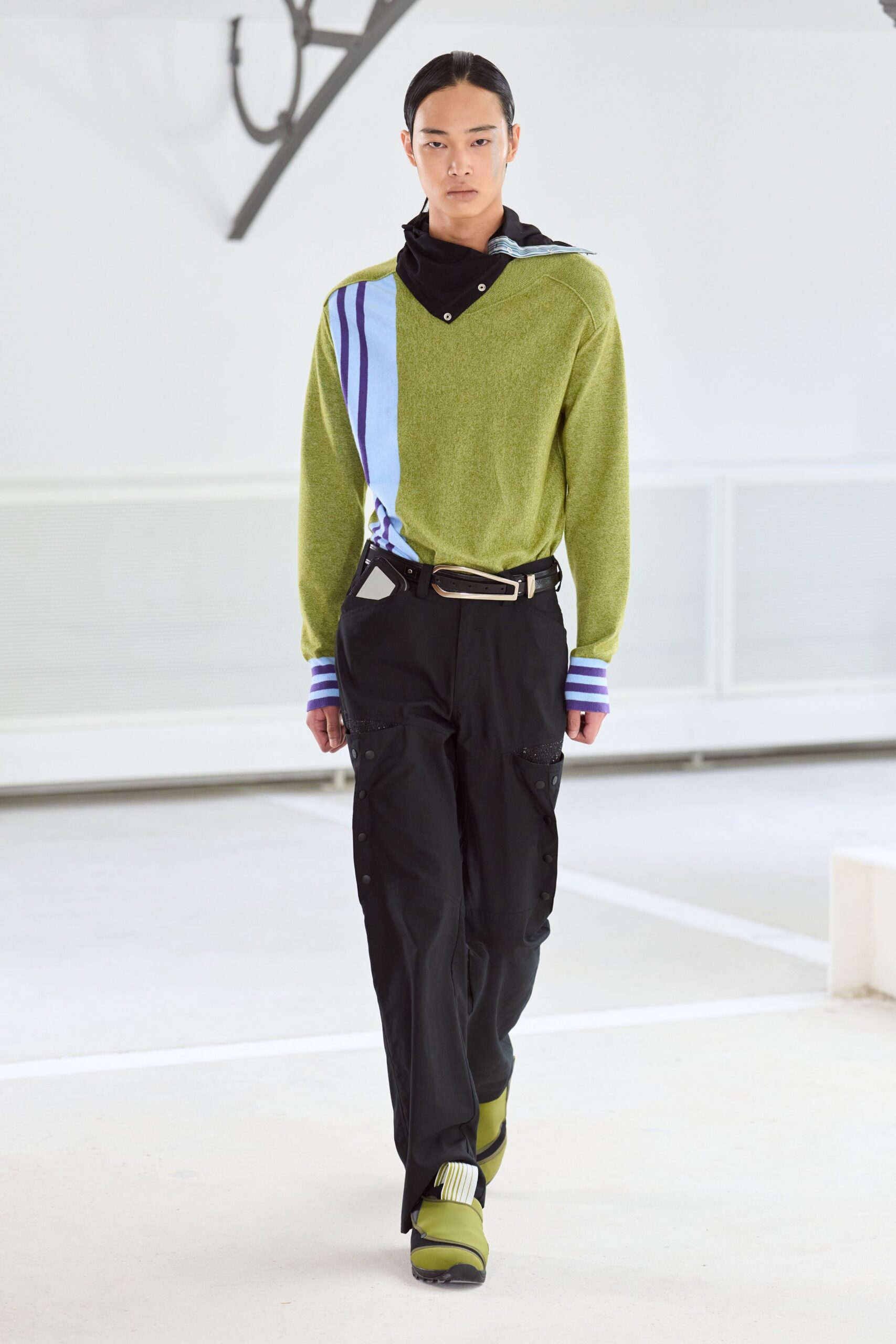 green wool long-sleeve v-neck relaxed striped sweater